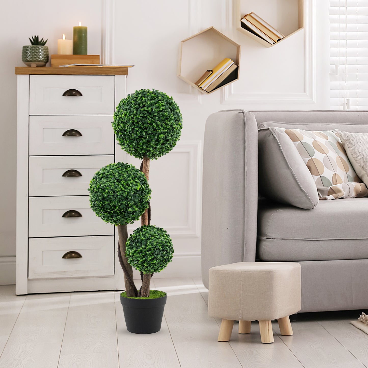 36 Inch Artificial Boxwood Topiary Tree with Natural Wood Trunks in Decorative Pot