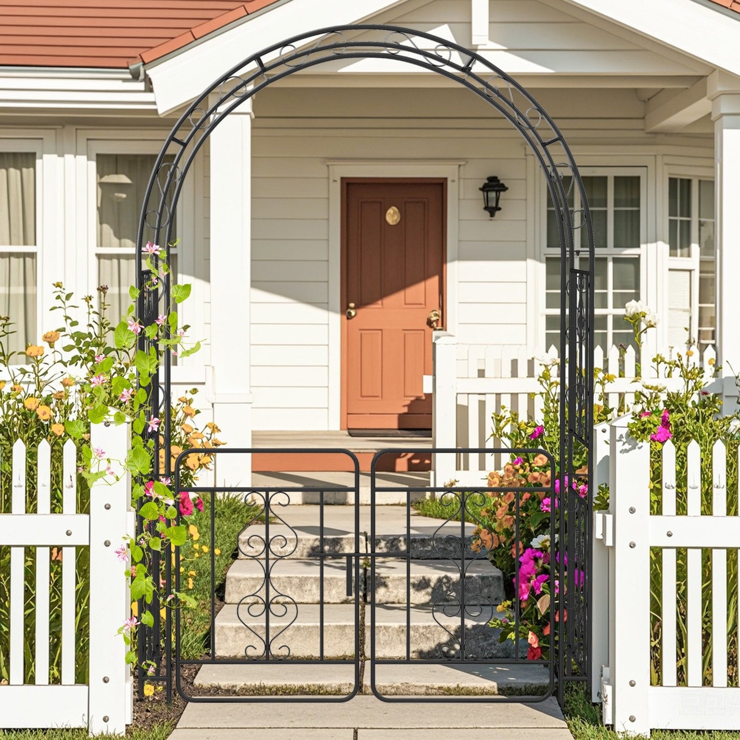 Elegant Garden Arbor with Gate, Crossbars & Ground Stakes