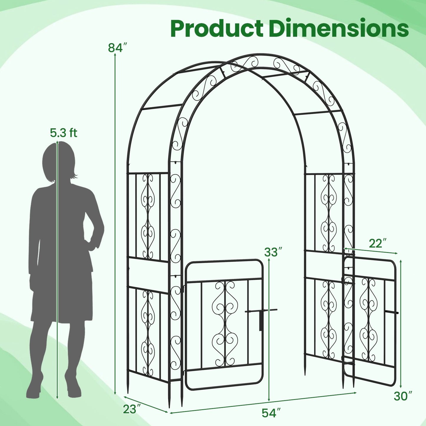 Elegant Garden Arbor with Gate, Crossbars & Ground Stakes