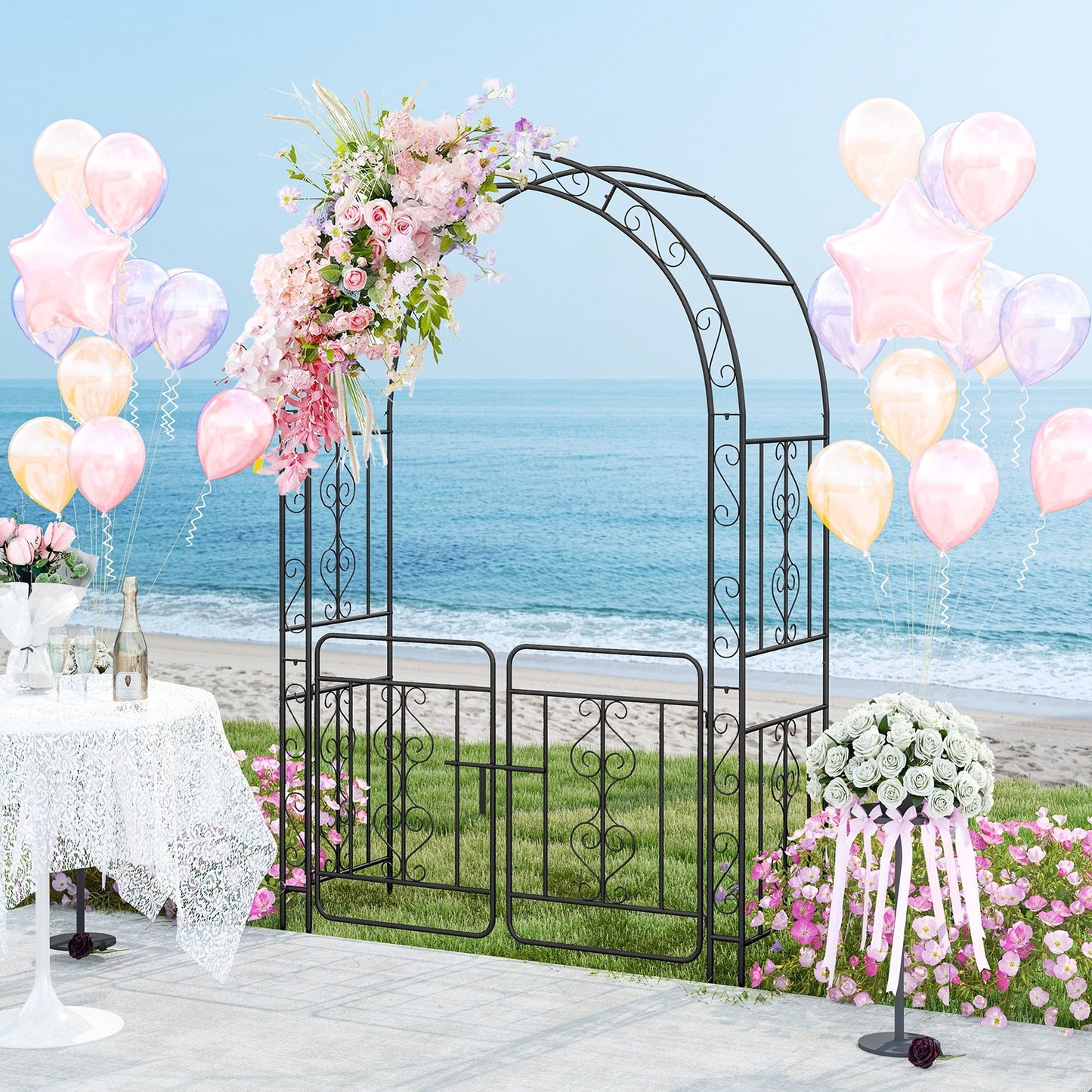 Elegant Garden Arbor with Gate, Crossbars & Ground Stakes