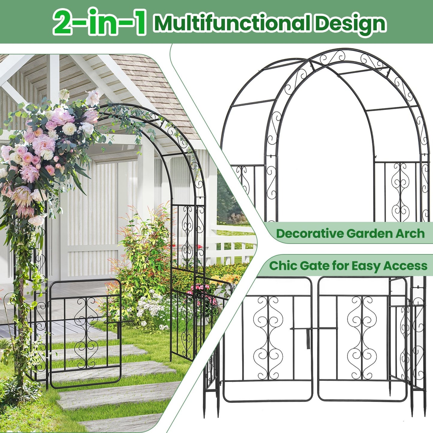 Elegant Garden Arbor with Gate, Crossbars & Ground Stakes