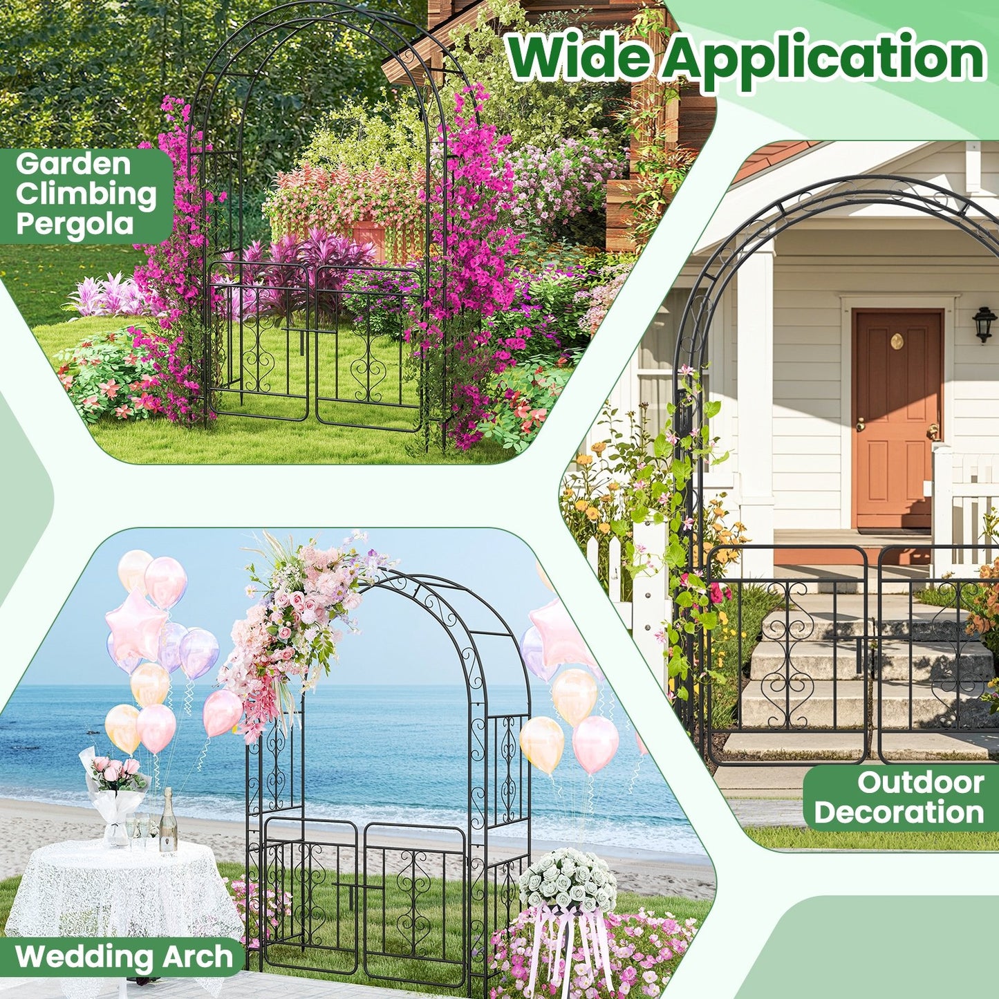 Elegant Garden Arbor with Gate, Crossbars & Ground Stakes