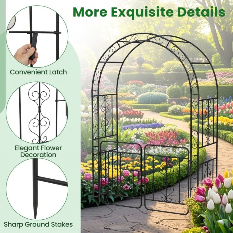 Elegant Garden Arbor with Gate, Crossbars & Ground Stakes