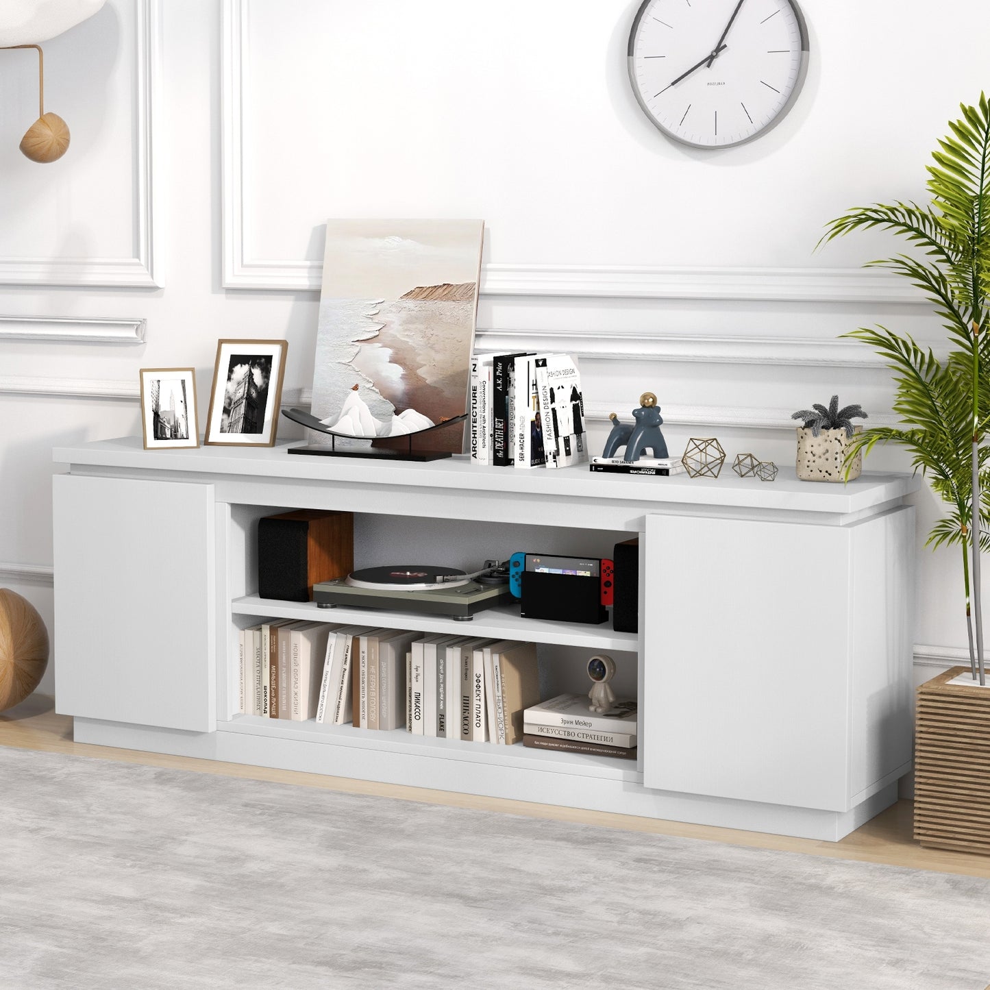 Modern TV Stand with Storage Cabinets Adjustable Shelves and Safety Kits for 80 Inch TVs - White