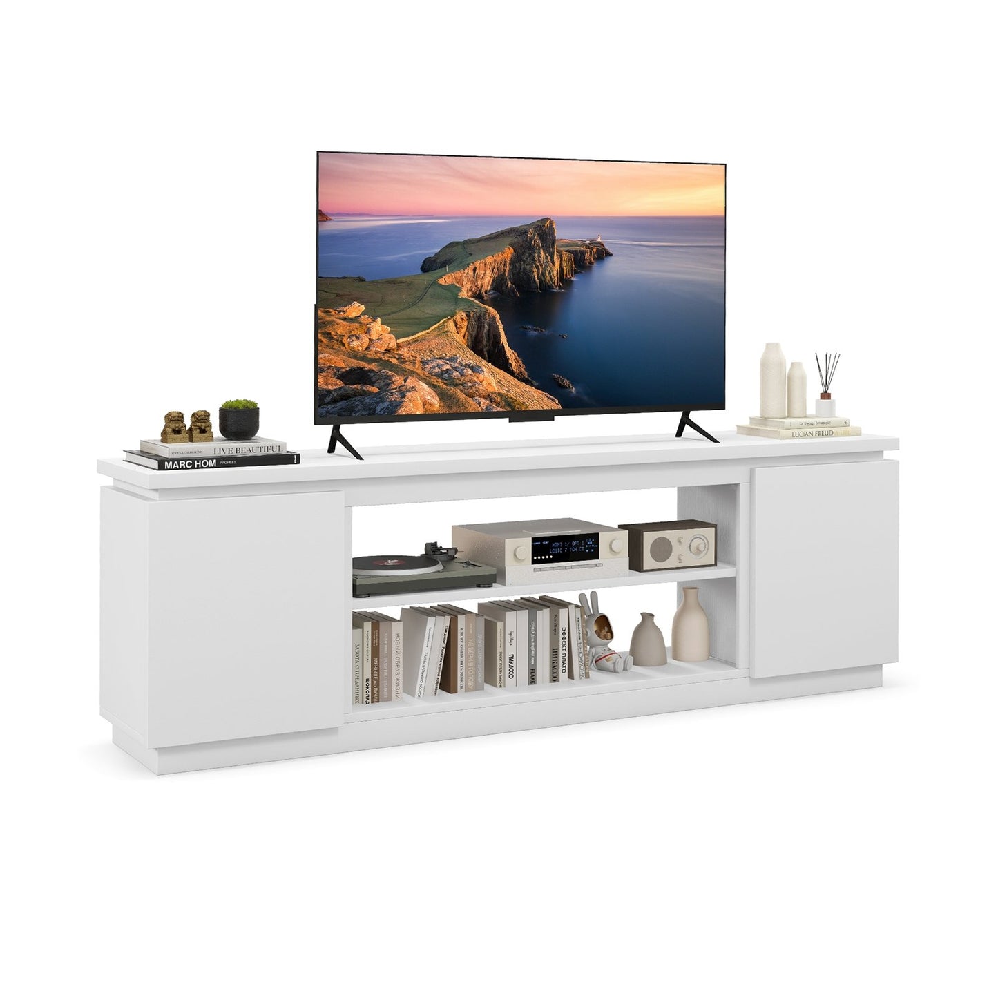 Modern TV Stand with Storage Cabinets Adjustable Shelves and Safety Kits for 80 Inch TVs - White