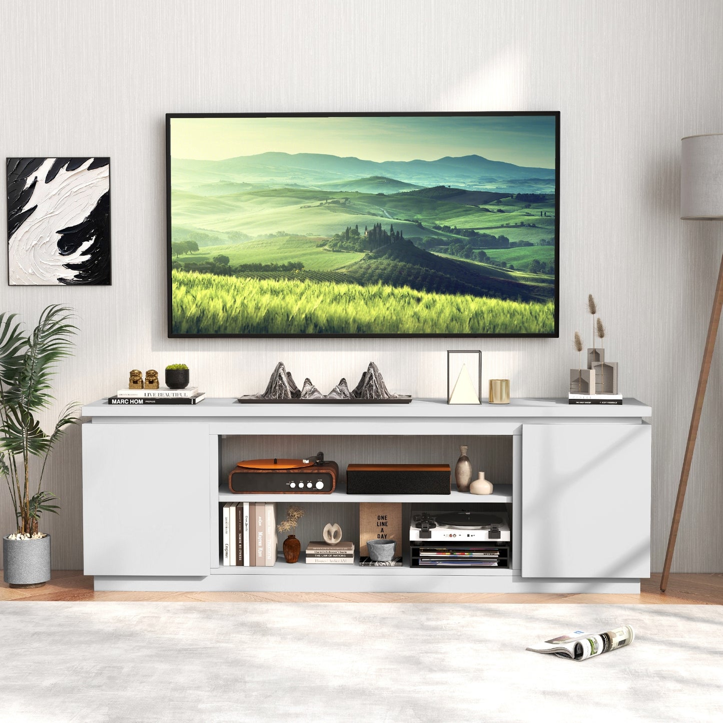 Modern TV Stand with Storage Cabinets Adjustable Shelves and Safety Kits for 80 Inch TVs - White