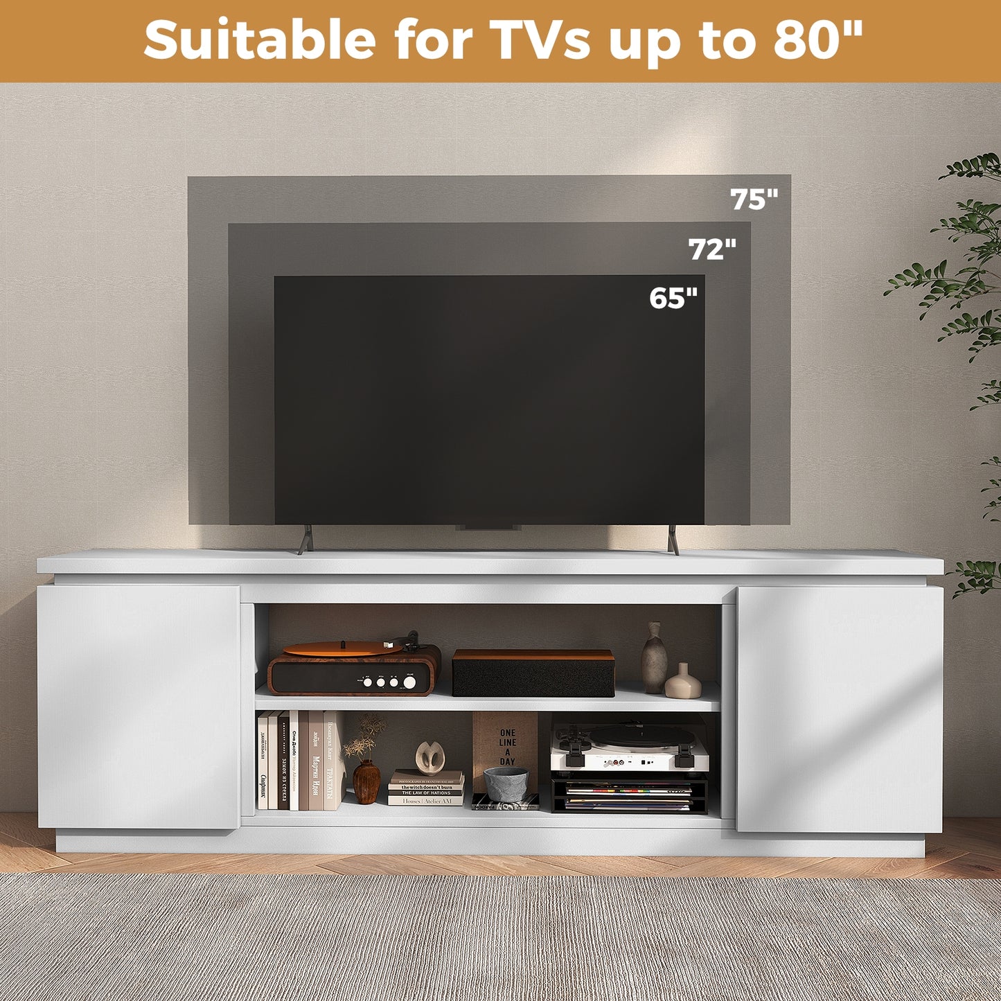 Modern TV Stand with Storage Cabinets Adjustable Shelves and Safety Kits for 80 Inch TVs - White