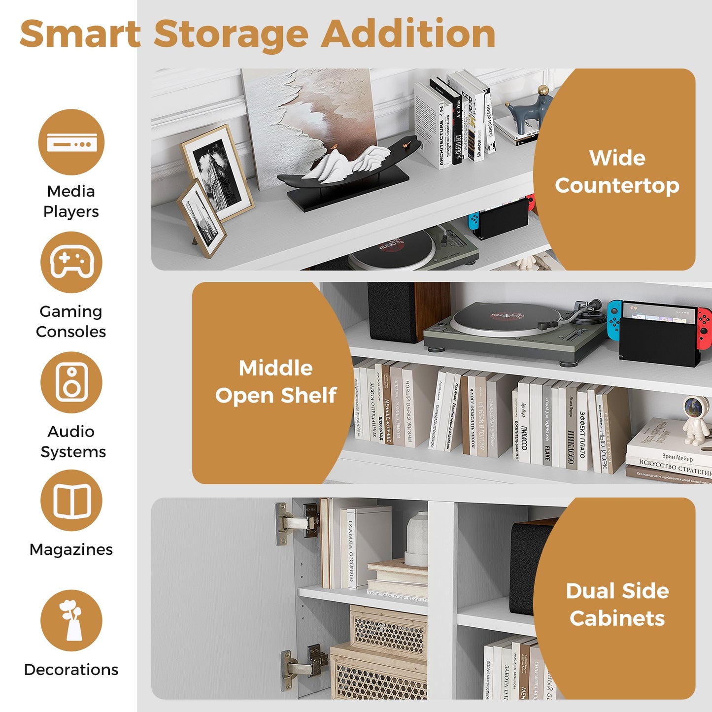 Modern TV Stand with Storage Cabinets Adjustable Shelves and Safety Kits for 80 Inch TVs - White