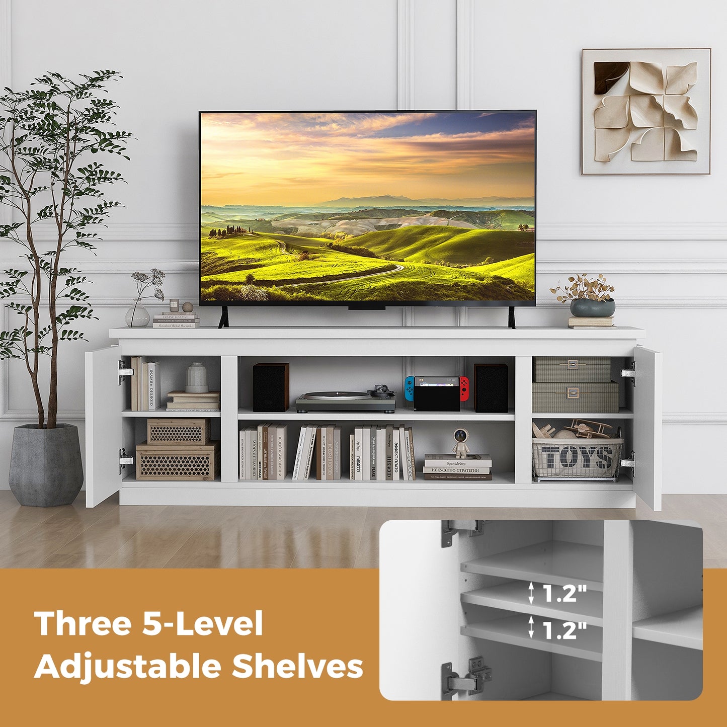 Modern TV Stand with Storage Cabinets Adjustable Shelves and Safety Kits for 80 Inch TVs - White