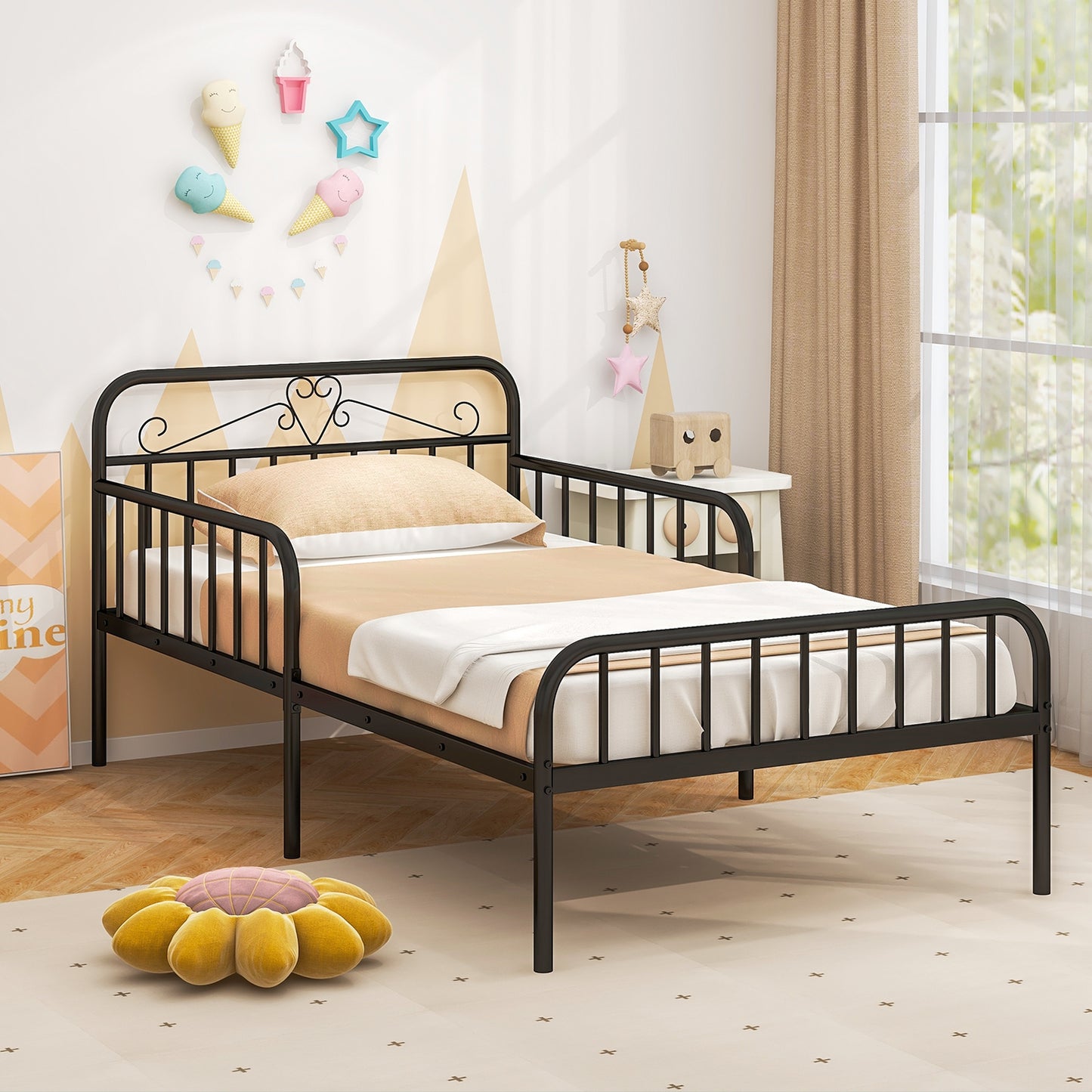 Modern Twin Metal Bed Frame with Headboard and Safety Guardrails – Black