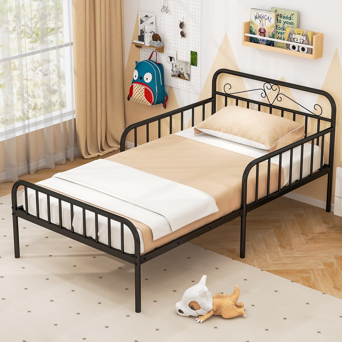 Modern Twin Metal Bed Frame with Headboard and Safety Guardrails – Black
