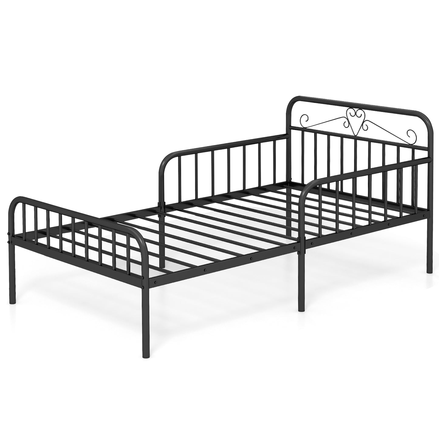Modern Twin Metal Bed Frame with Headboard and Safety Guardrails – Black