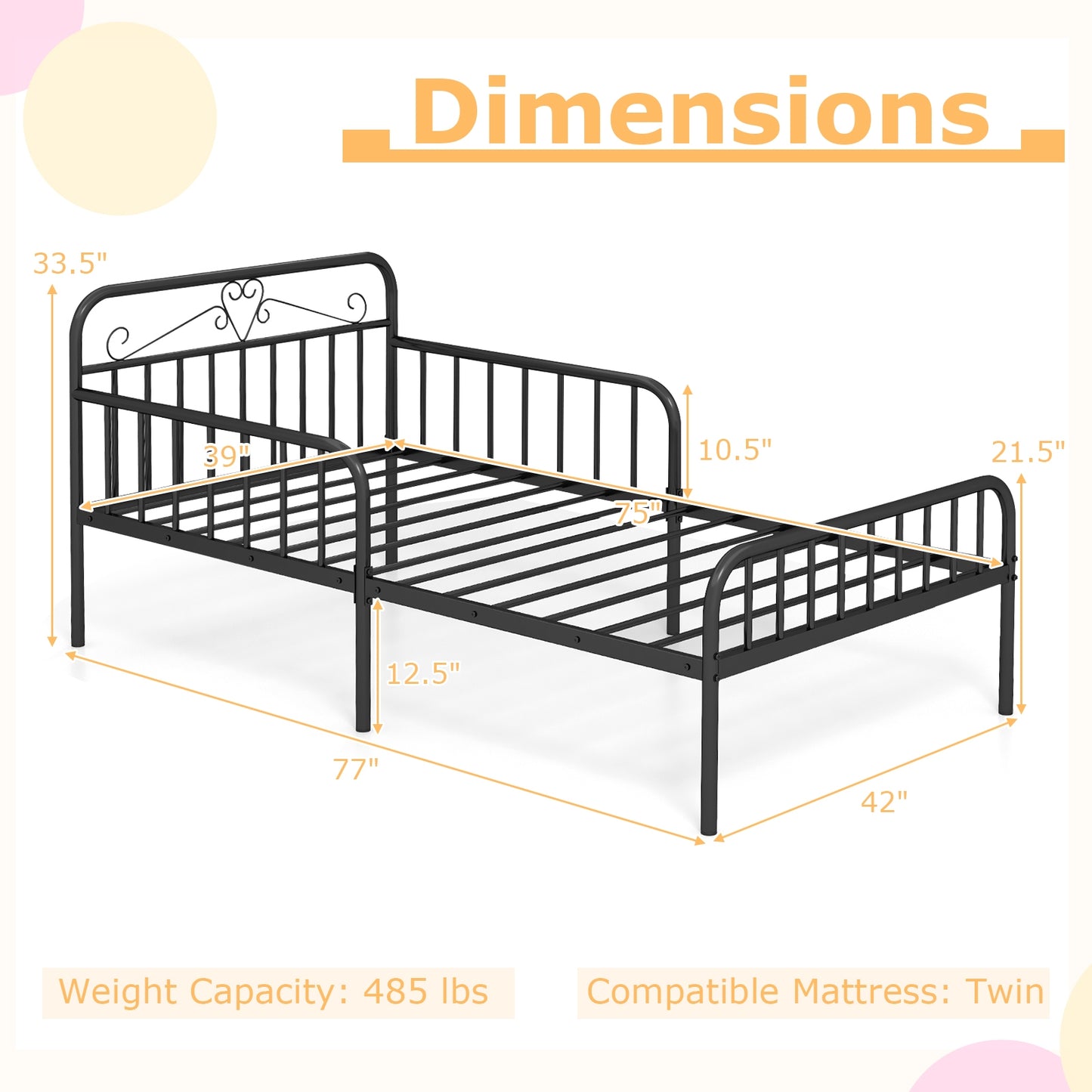 Modern Twin Metal Bed Frame with Headboard and Safety Guardrails – Black