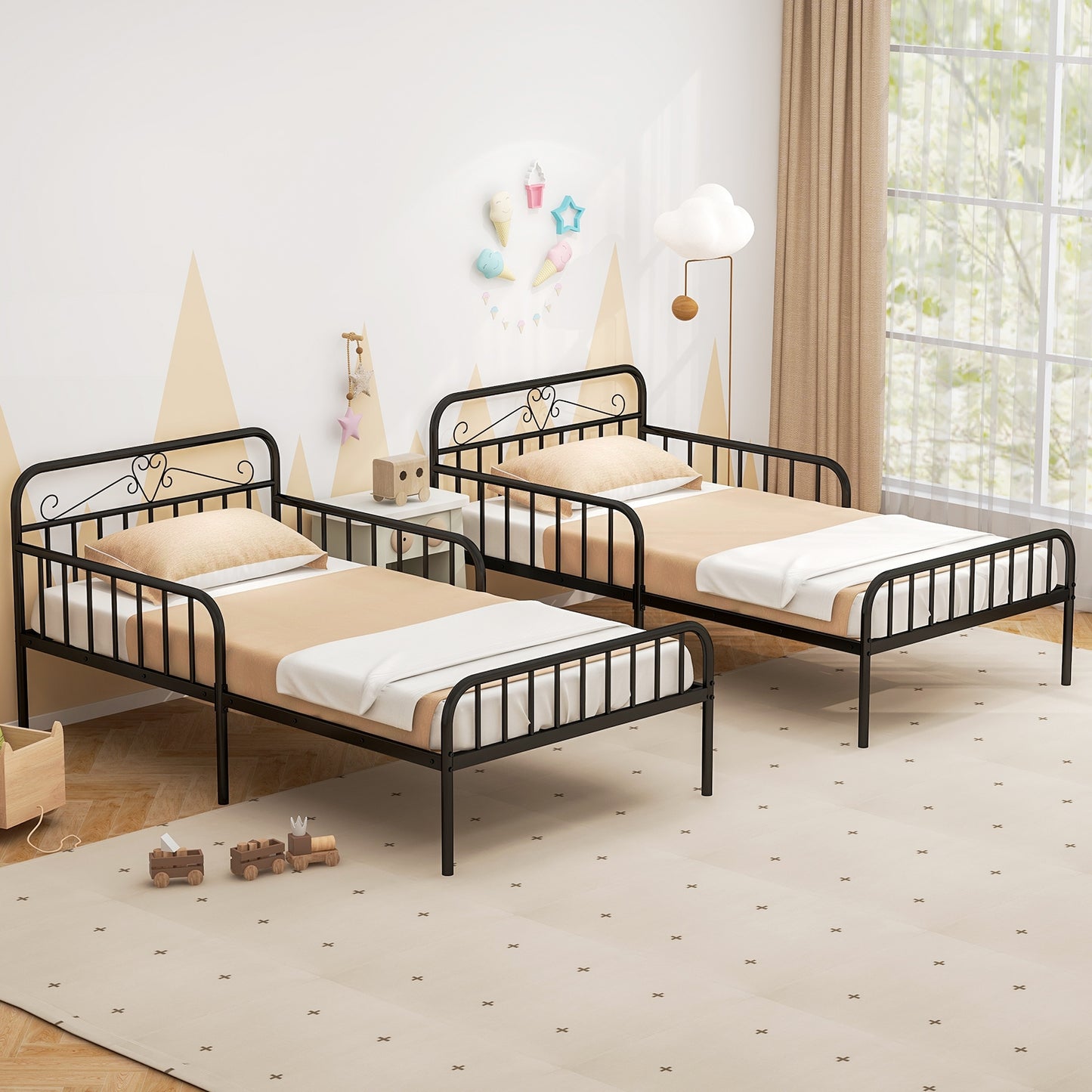Modern Twin Metal Bed Frame with Headboard and Safety Guardrails – Black