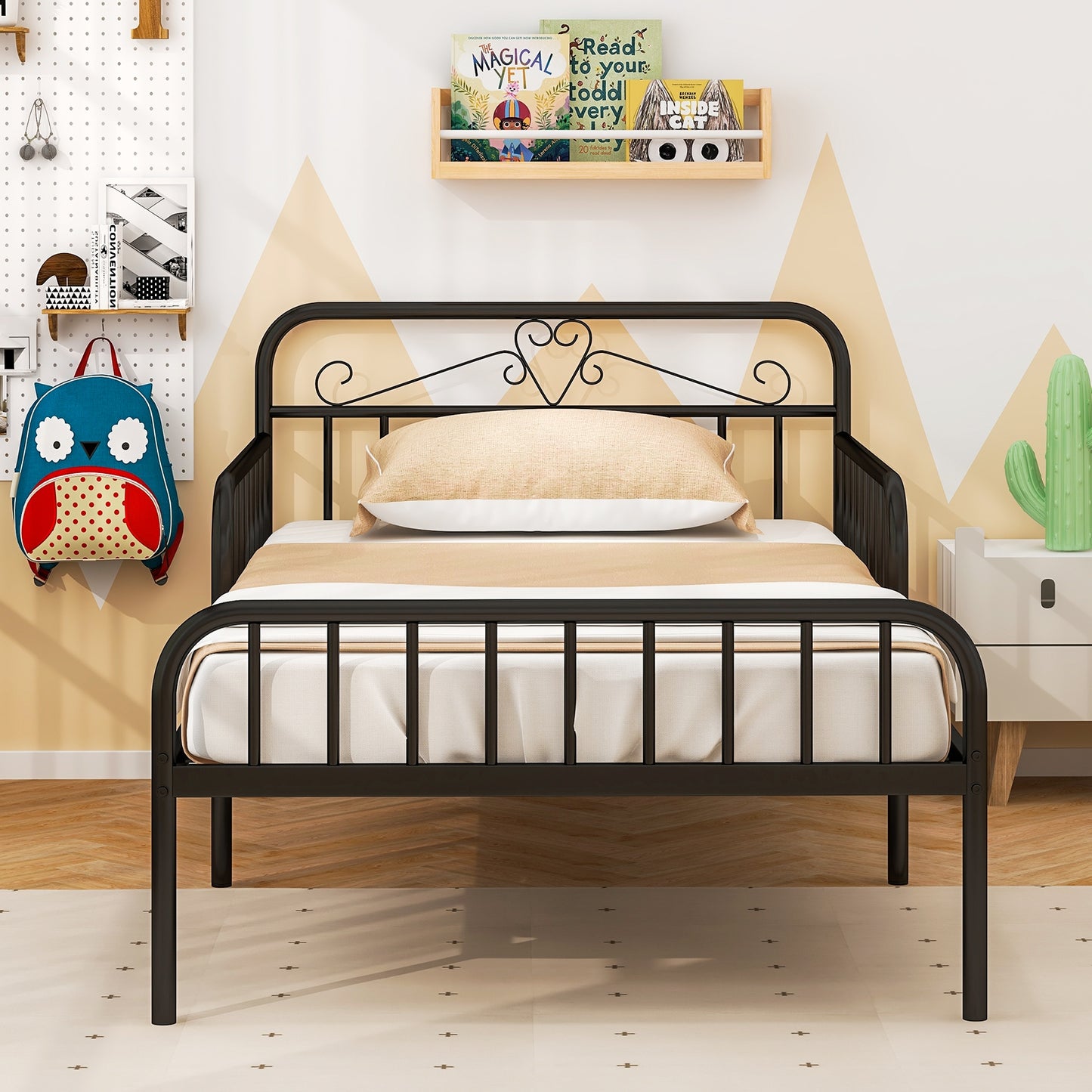 Modern Twin Metal Bed Frame with Headboard and Safety Guardrails – Black