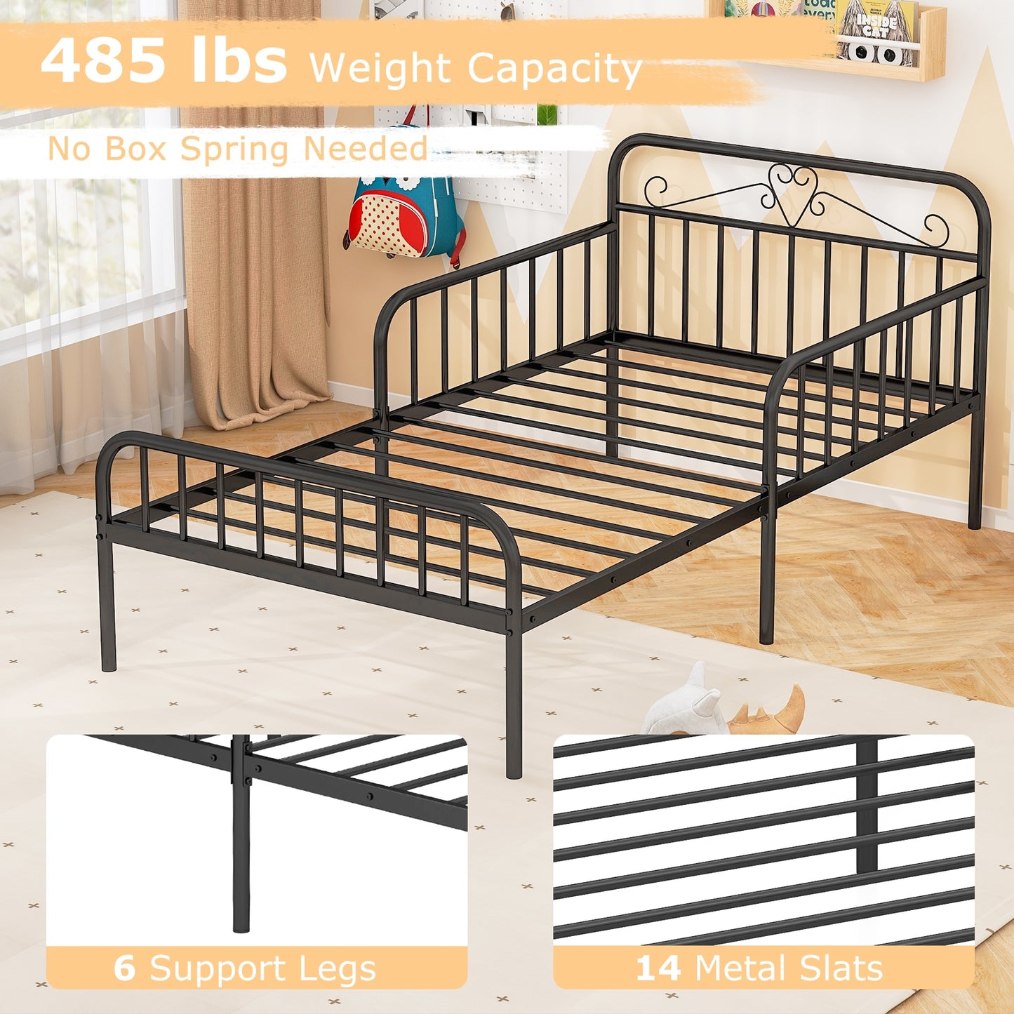 Modern Twin Metal Bed Frame with Headboard and Safety Guardrails – Black