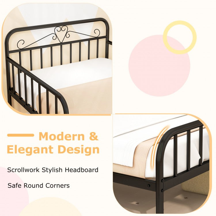 Modern Twin Metal Bed Frame with Headboard and Safety Guardrails – Black