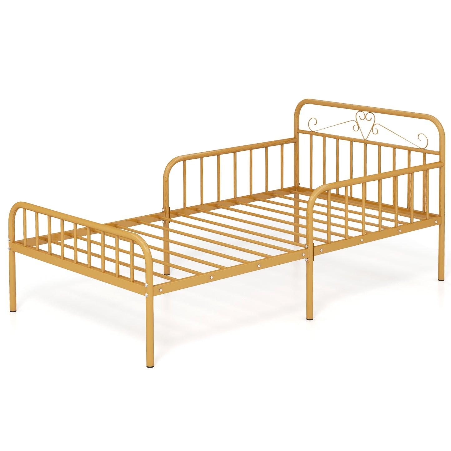 Modern Twin Metal Bed Frame with Headboard and Safety Guardrails – Gold