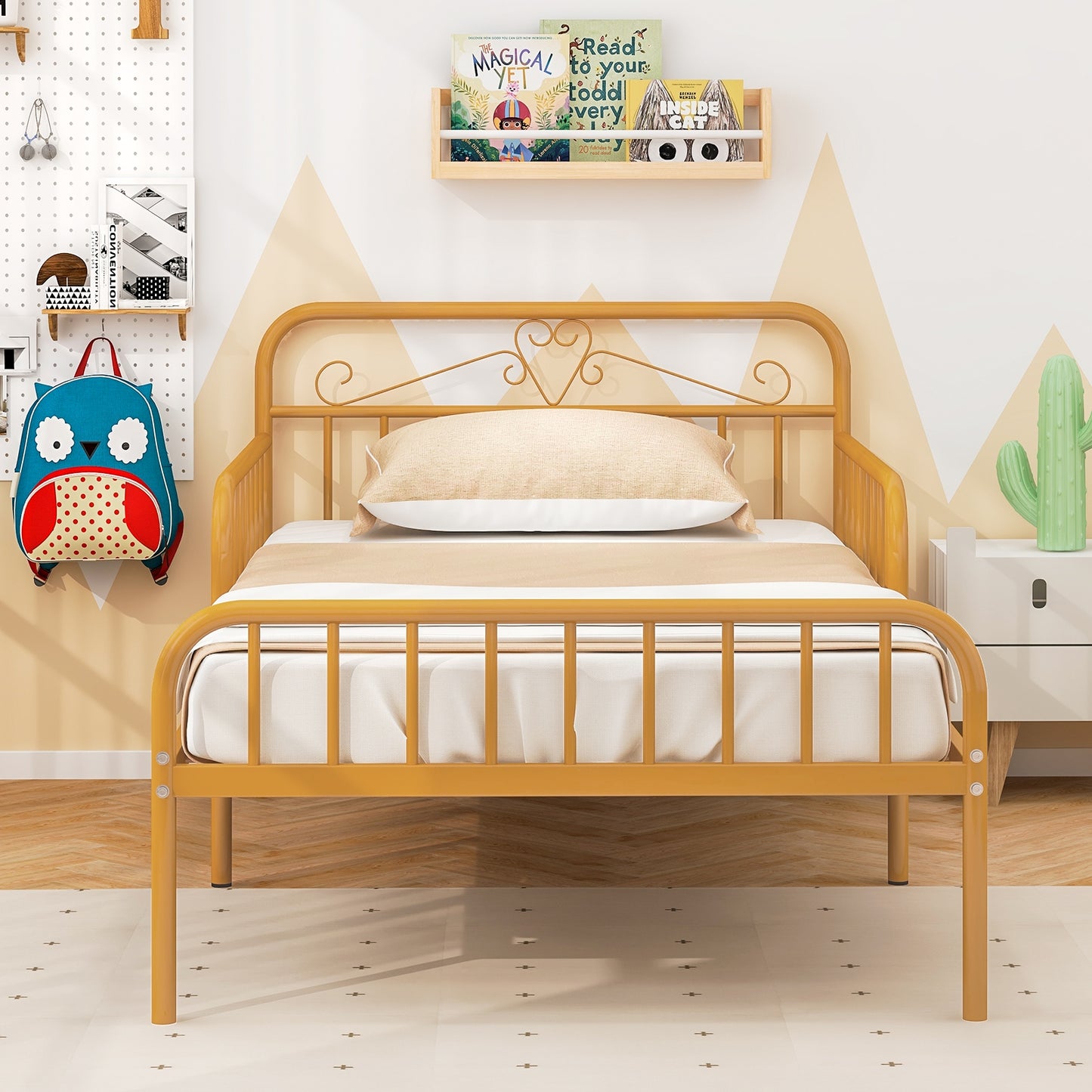 Modern Twin Metal Bed Frame with Headboard and Safety Guardrails – Gold