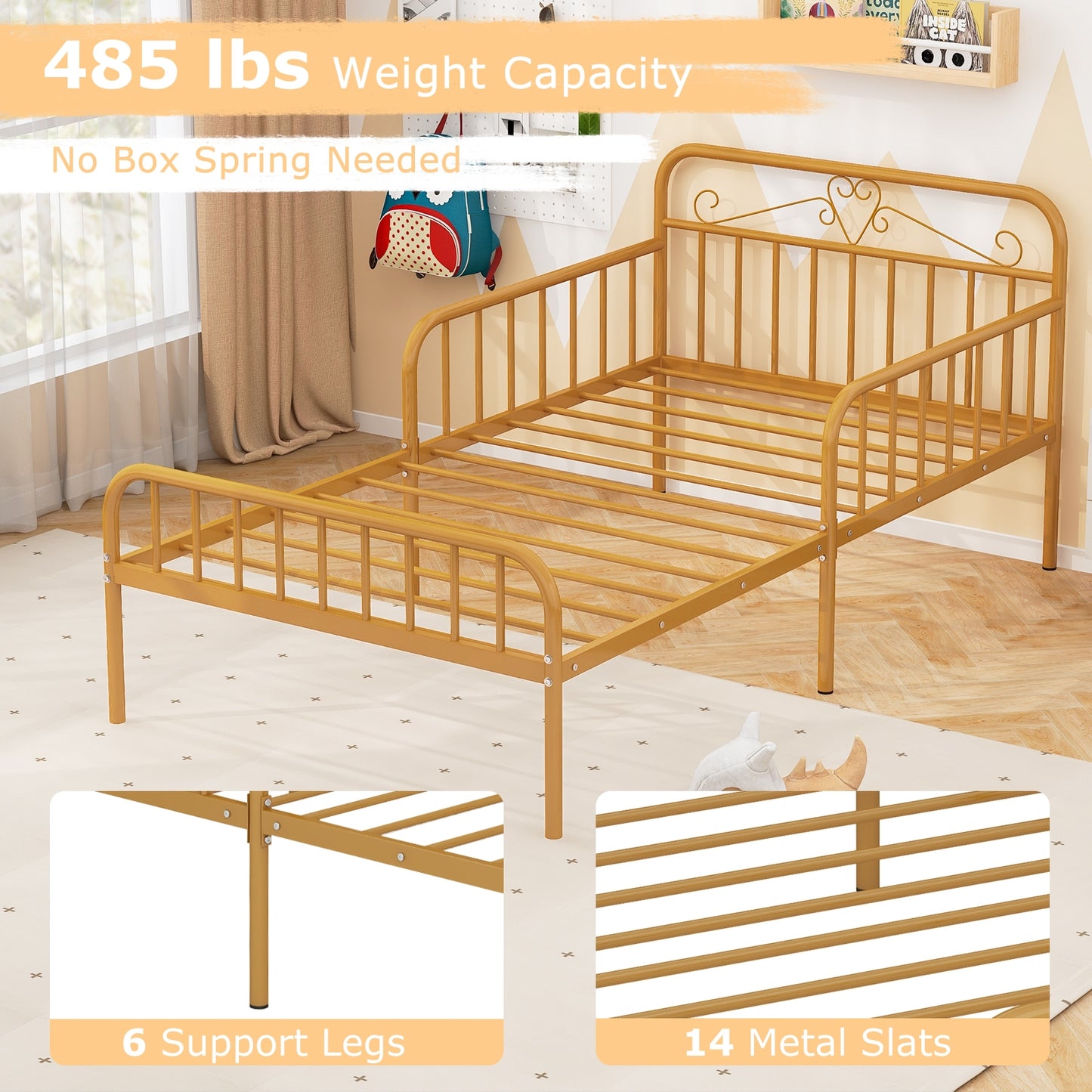 Modern Twin Metal Bed Frame with Headboard and Safety Guardrails – Gold