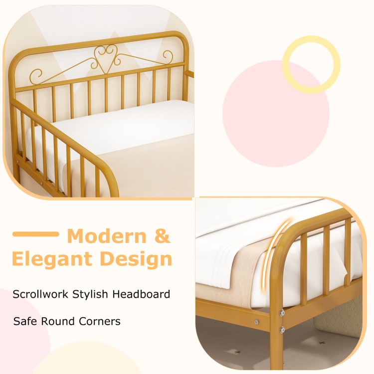 Modern Twin Metal Bed Frame with Headboard and Safety Guardrails – Gold