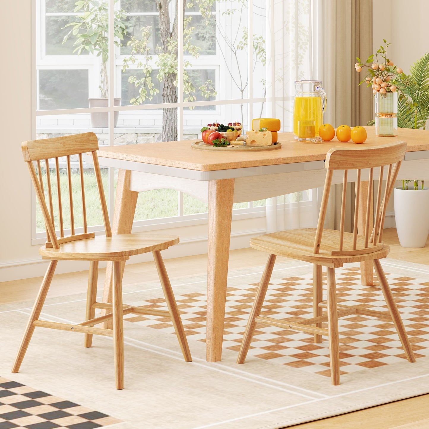 Farmhouse Dining Chairs with Curved Backrest and Rubber Wood Frame Set of 2 Natural