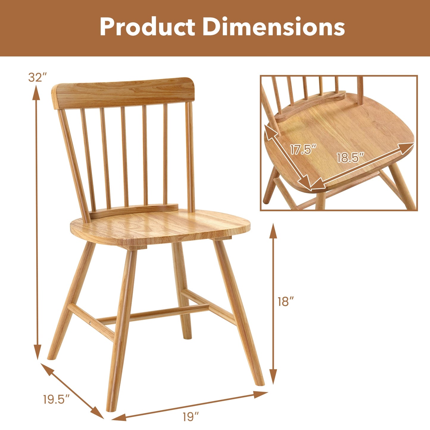 Farmhouse Dining Chairs with Curved Backrest and Rubber Wood Frame Set of 2 Natural