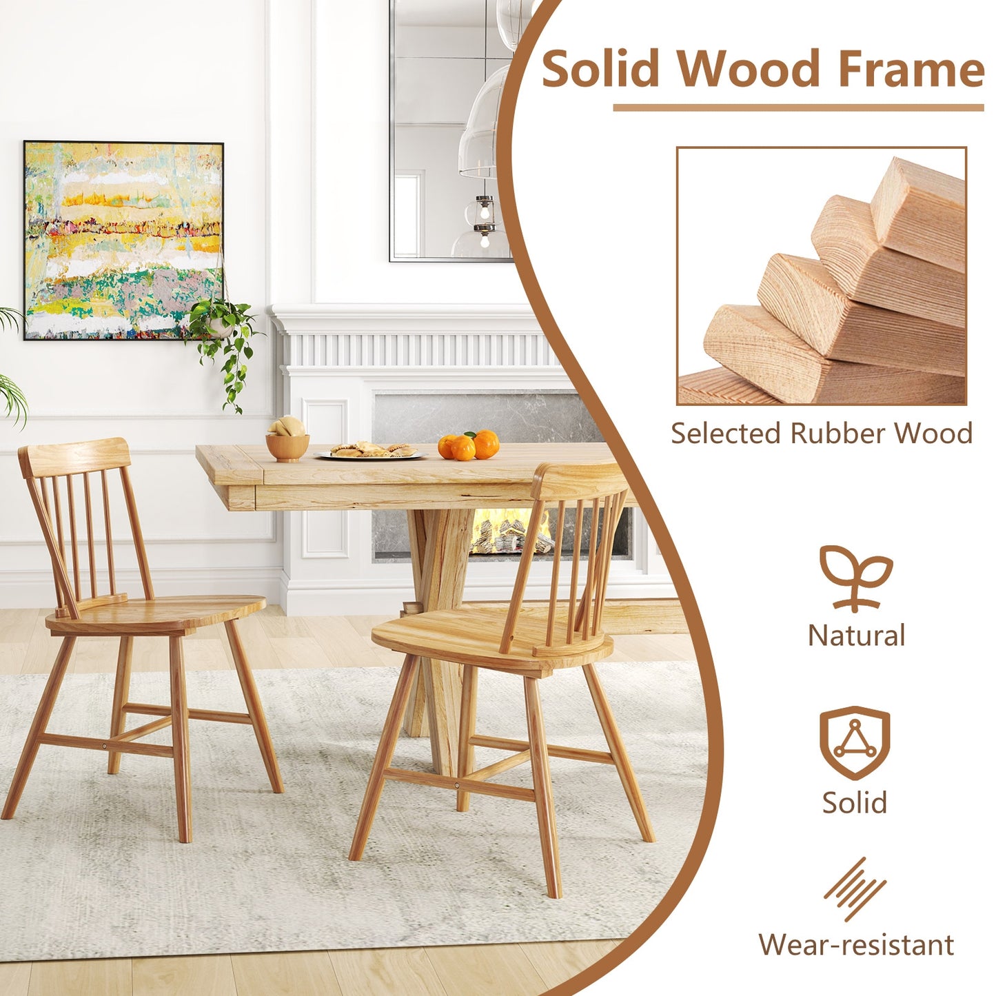Farmhouse Dining Chairs with Curved Backrest and Rubber Wood Frame Set of 2 Natural