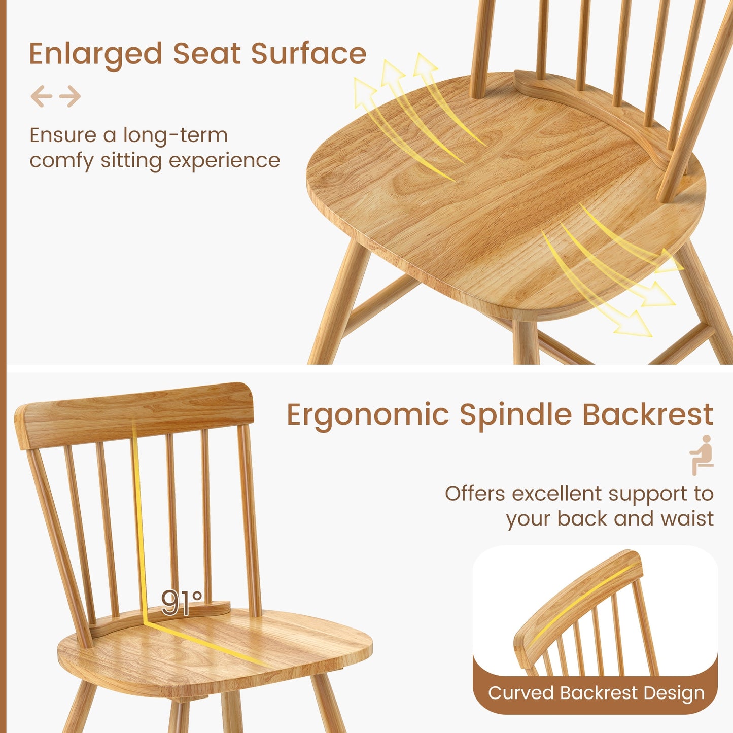 Farmhouse Dining Chairs with Curved Backrest and Rubber Wood Frame Set of 2 Natural