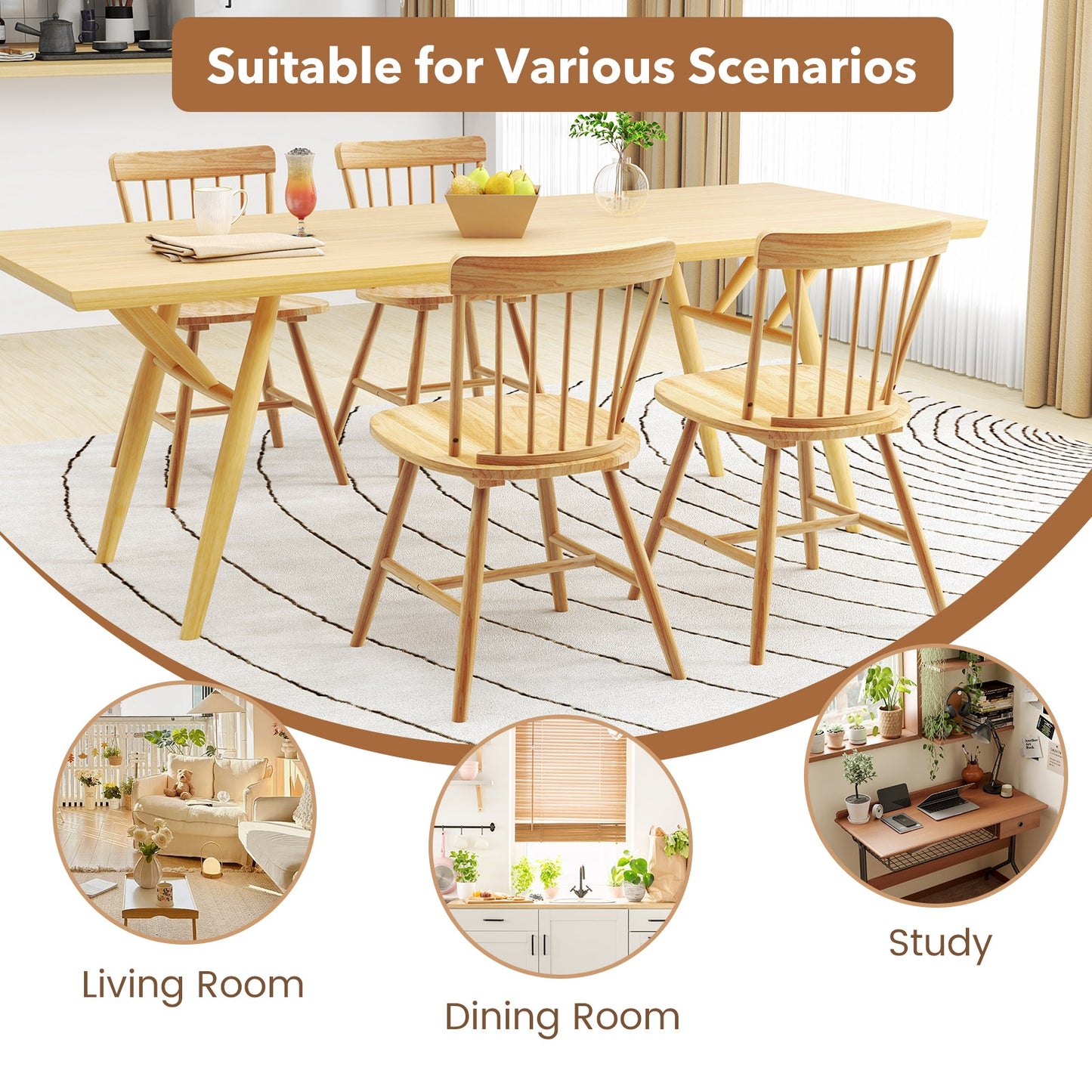 Farmhouse Dining Chairs with Curved Backrest and Rubber Wood Frame Set of 2 Natural