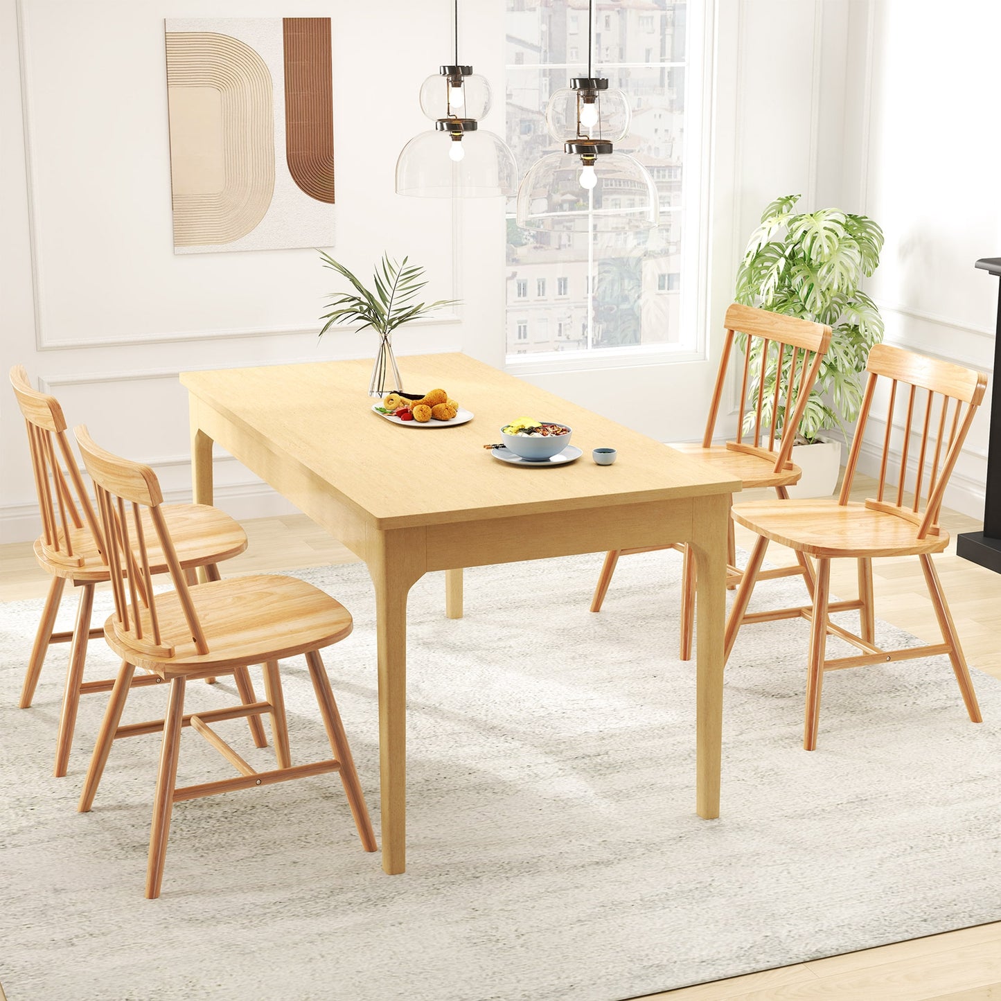 Farmhouse Dining Chairs with Curved Backrest and Rubber Wood Frame Set of 2 Natural