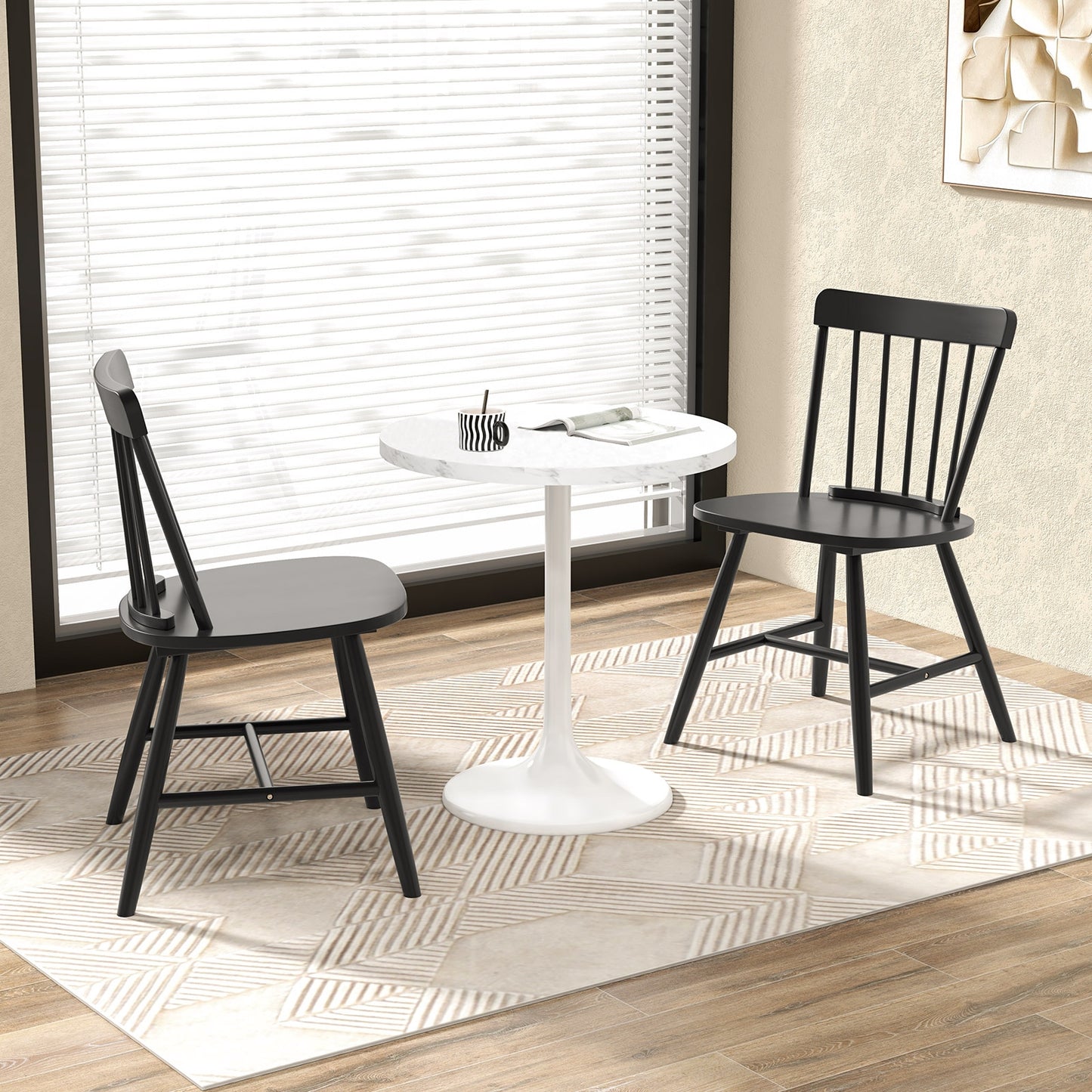 Farmhouse Dining Chairs with Curved Backrest and Rubber Wood Frame Set of 2 Black