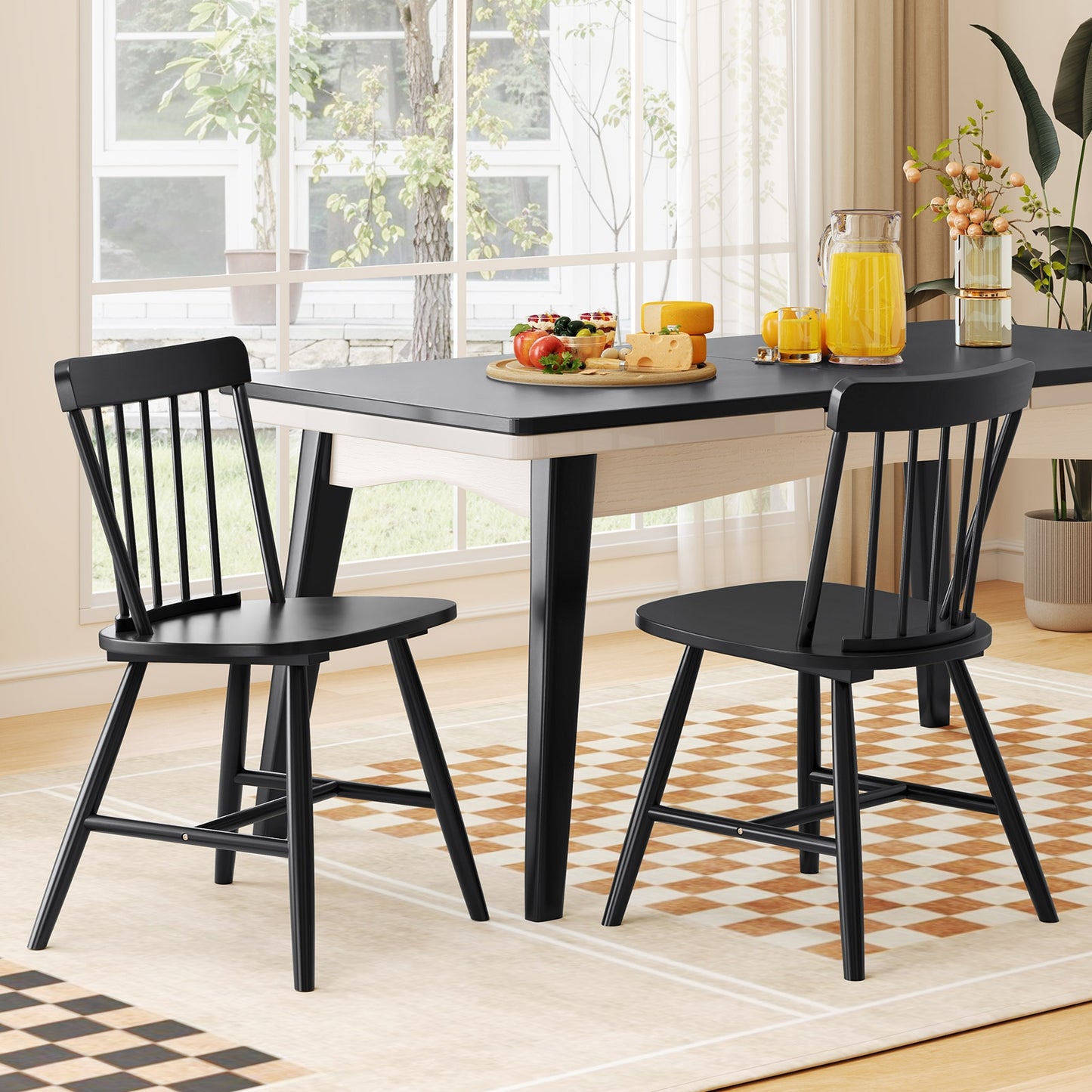 Farmhouse Dining Chairs with Curved Backrest and Rubber Wood Frame Set of 2 Black