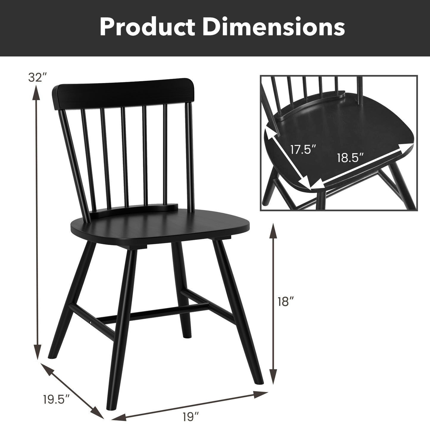 Farmhouse Dining Chairs with Curved Backrest and Rubber Wood Frame Set of 2 Black