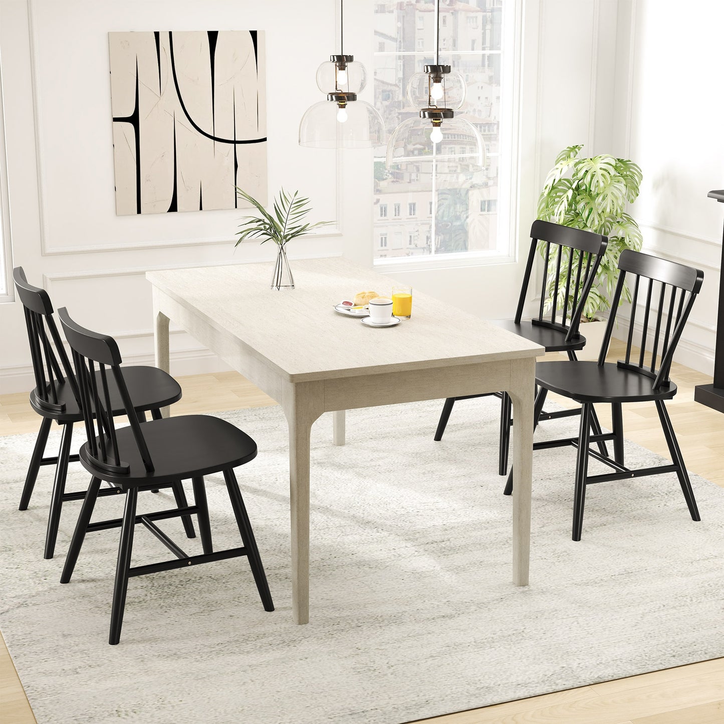 Farmhouse Dining Chairs with Curved Backrest and Rubber Wood Frame Set of 2 Black