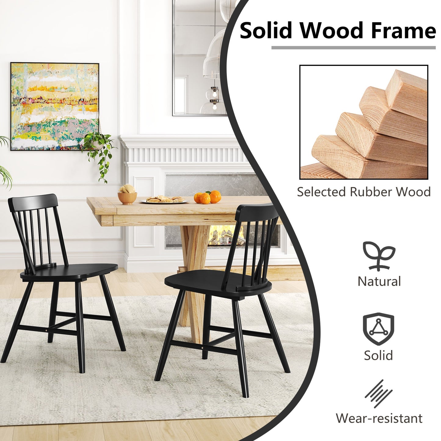 Farmhouse Dining Chairs with Curved Backrest and Rubber Wood Frame Set of 2 Black
