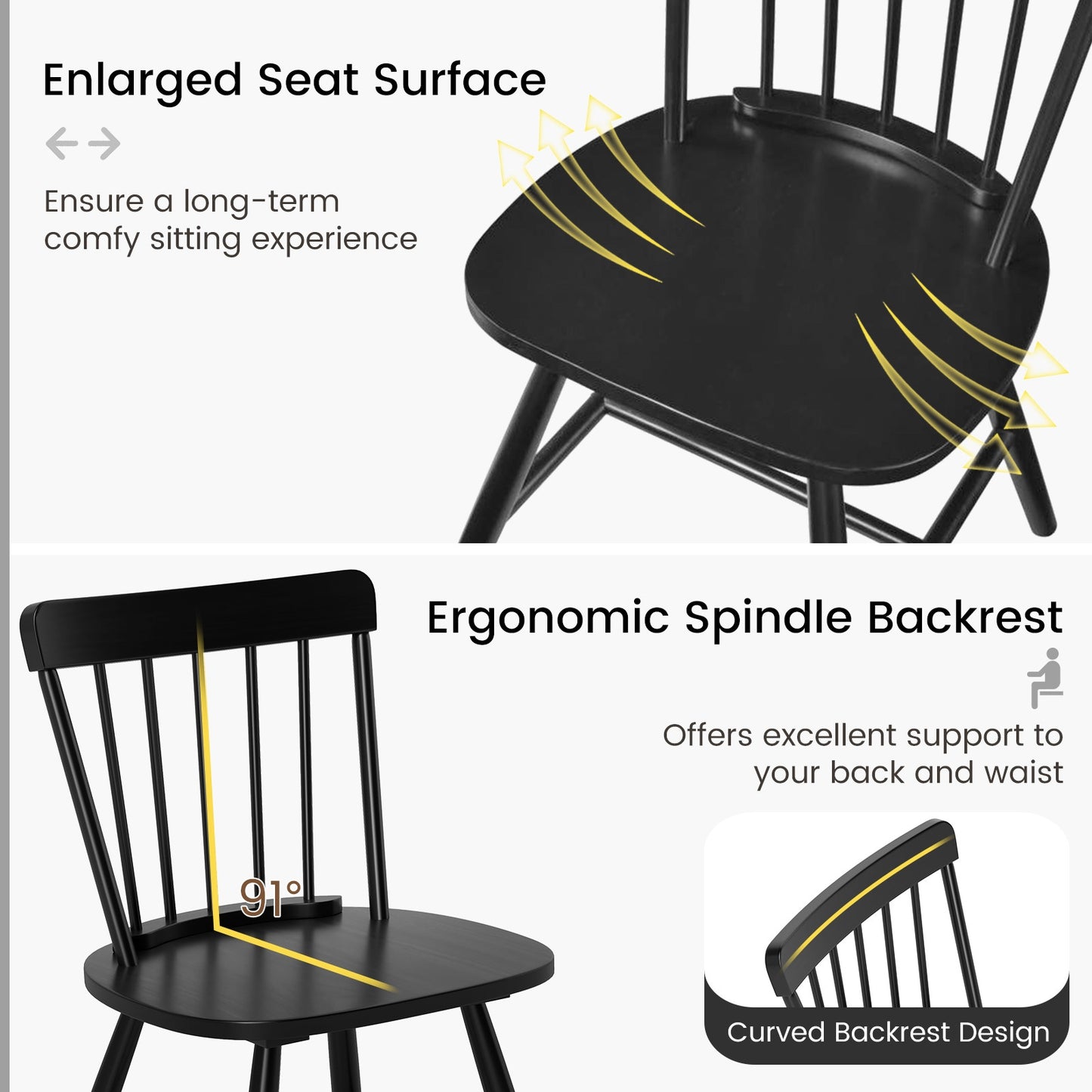 Farmhouse Dining Chairs with Curved Backrest and Rubber Wood Frame Set of 2 Black