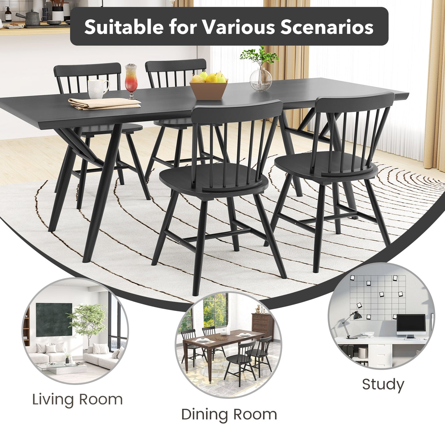 Farmhouse Dining Chairs with Curved Backrest and Rubber Wood Frame Set of 2 Black