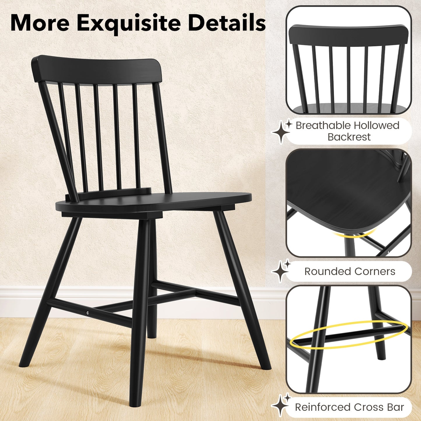 Farmhouse Dining Chairs with Curved Backrest and Rubber Wood Frame Set of 2 Black