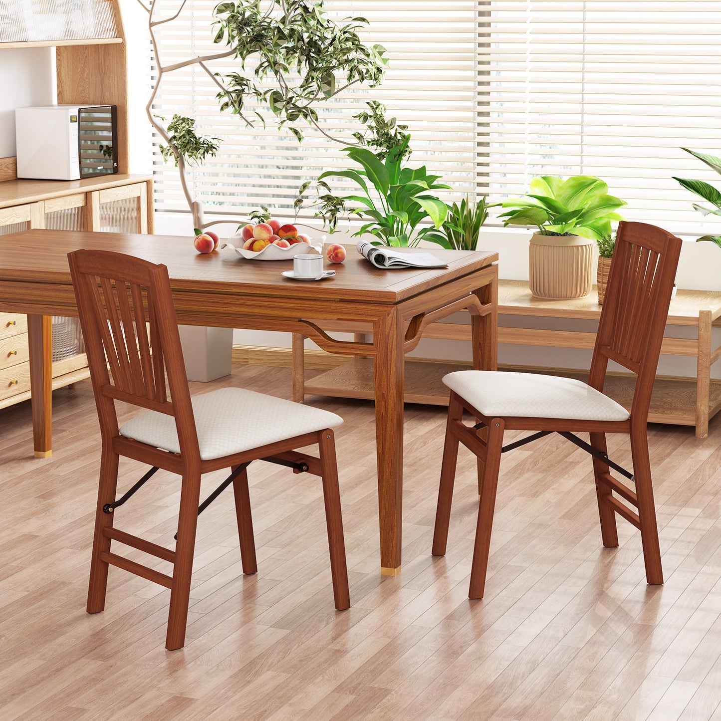 Folding Wooden Dining Chairs with Slatted Backrest and Padded Seat Set of 2