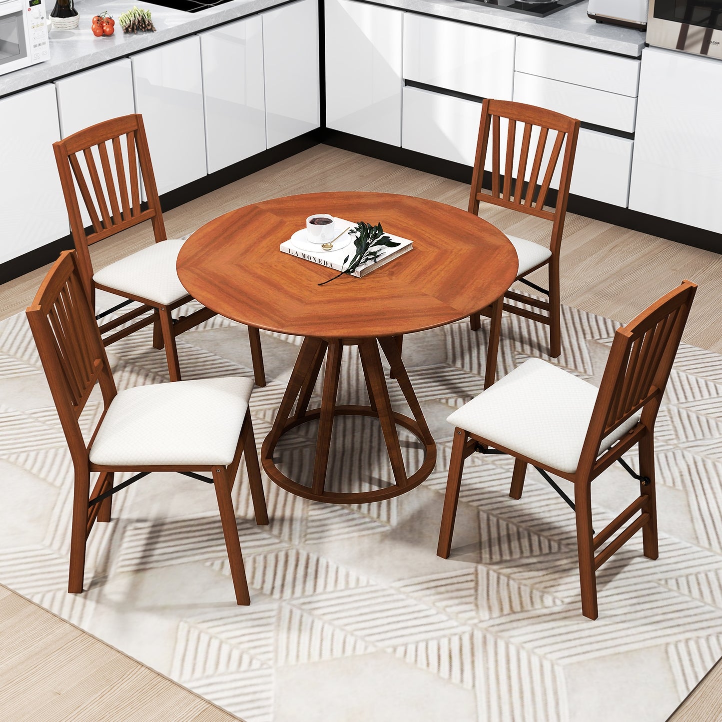 Folding Wooden Dining Chairs with Slatted Backrest and Padded Seat Set of 2