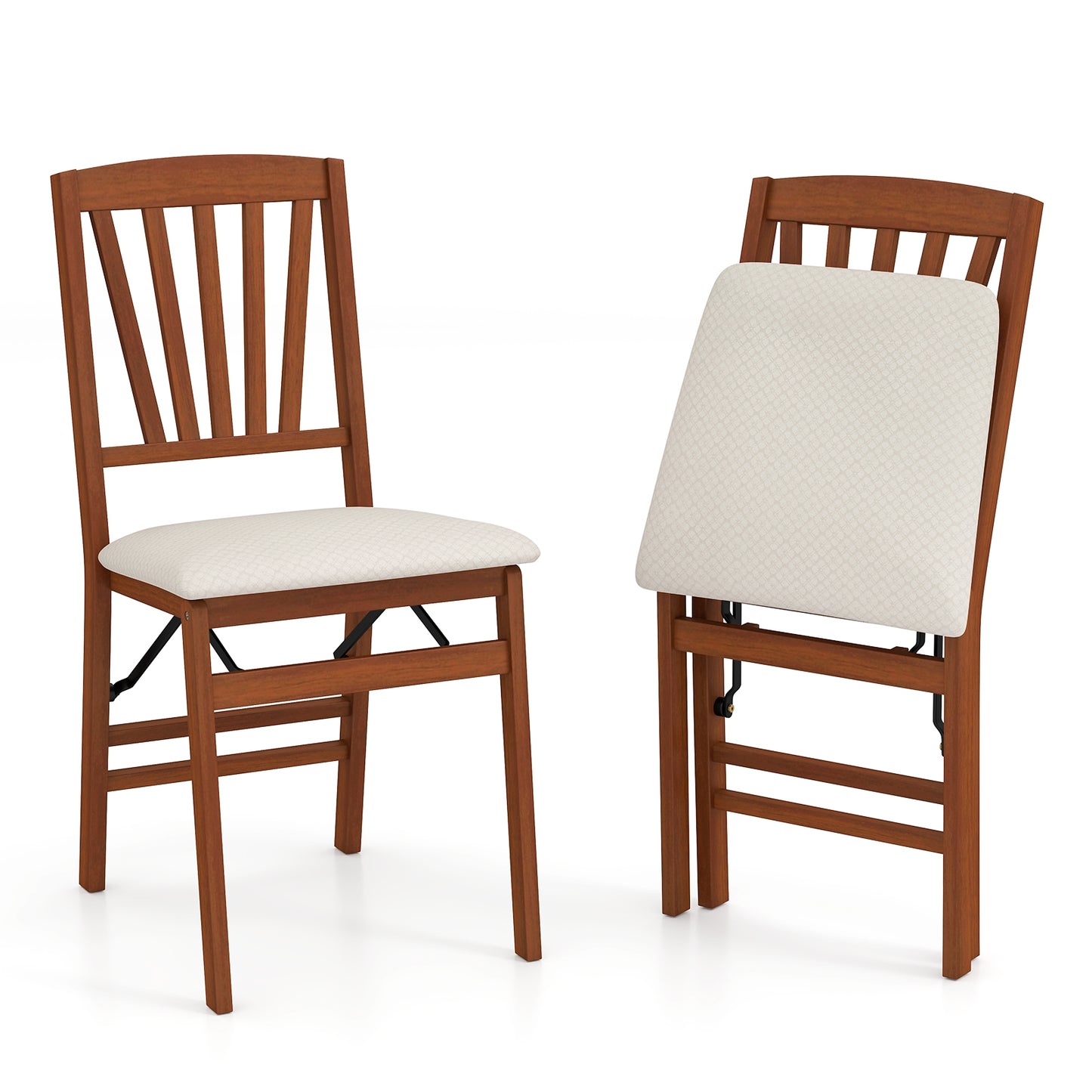 Folding Wooden Dining Chairs with Slatted Backrest and Padded Seat Set of 2