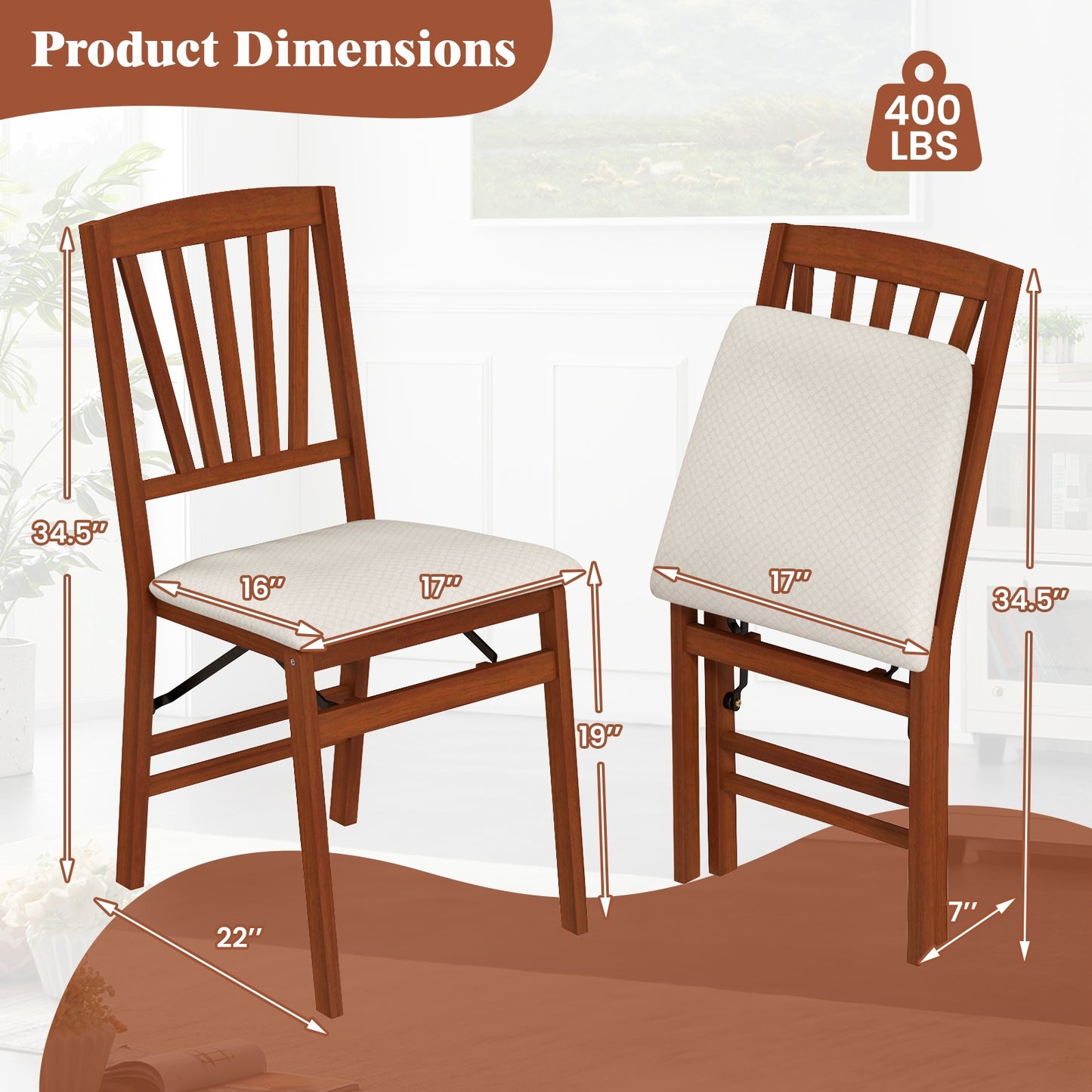 Folding Wooden Dining Chairs with Slatted Backrest and Padded Seat Set of 2