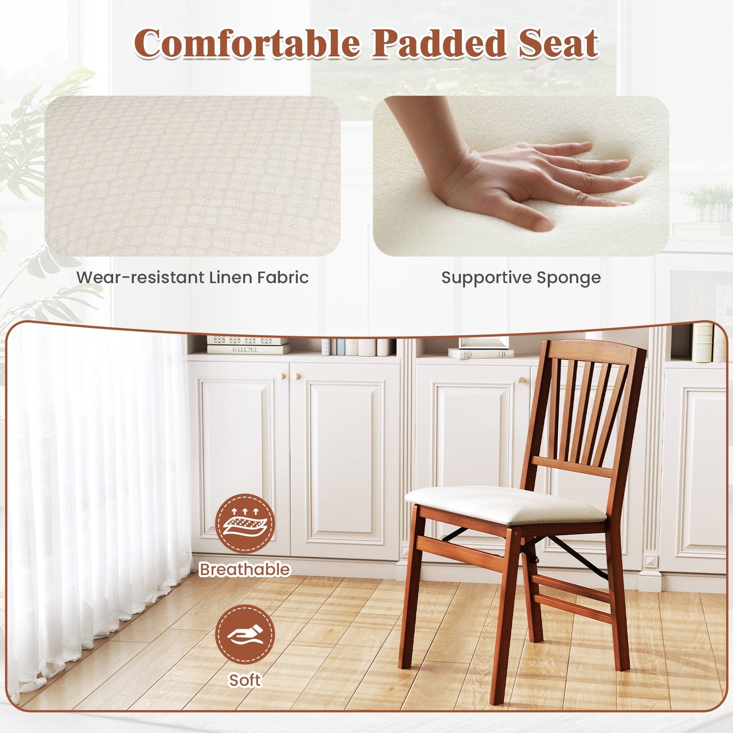 Folding Wooden Dining Chairs with Slatted Backrest and Padded Seat Set of 2