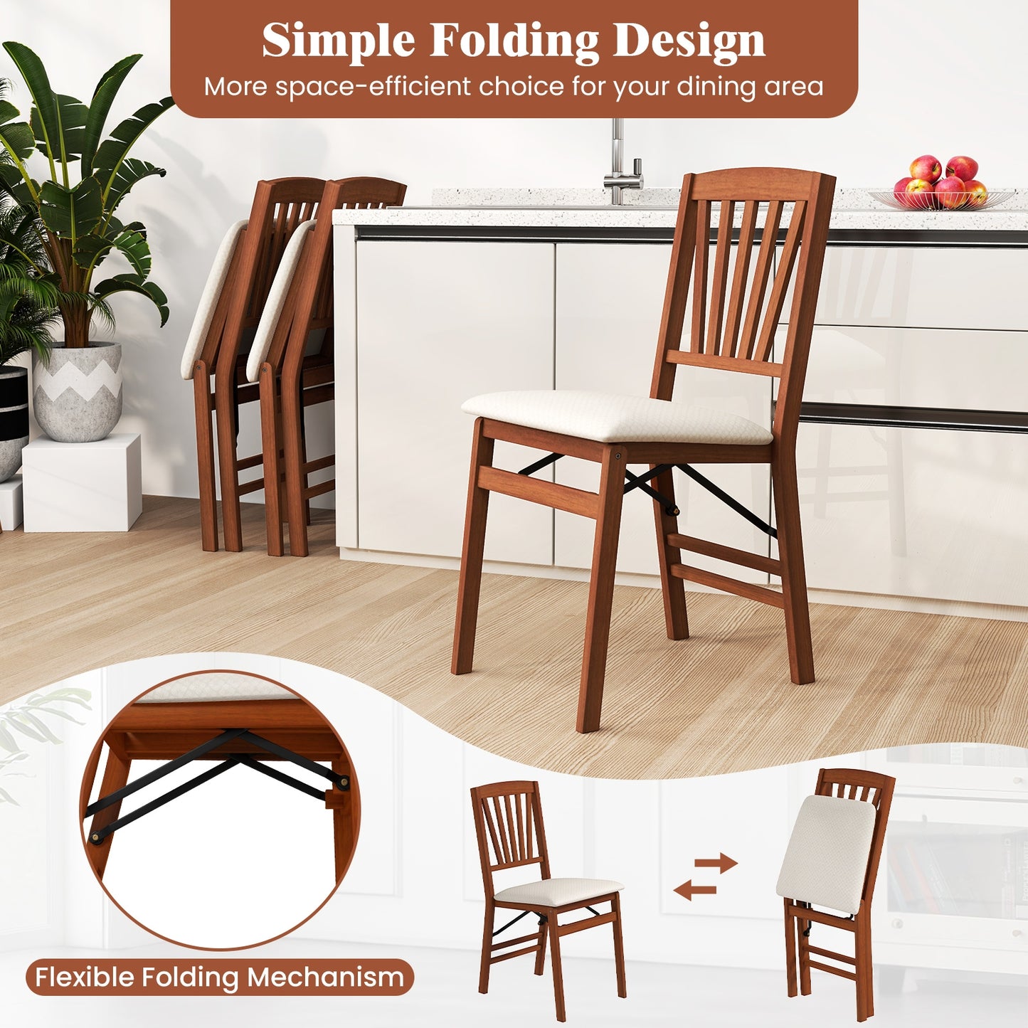 Folding Wooden Dining Chairs with Slatted Backrest and Padded Seat Set of 2
