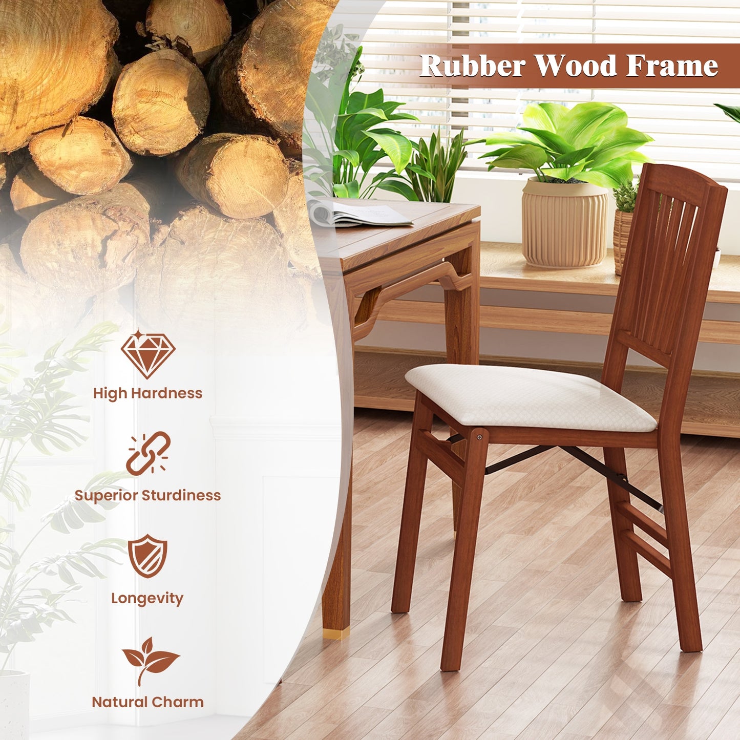 Folding Wooden Dining Chairs with Slatted Backrest and Padded Seat Set of 2