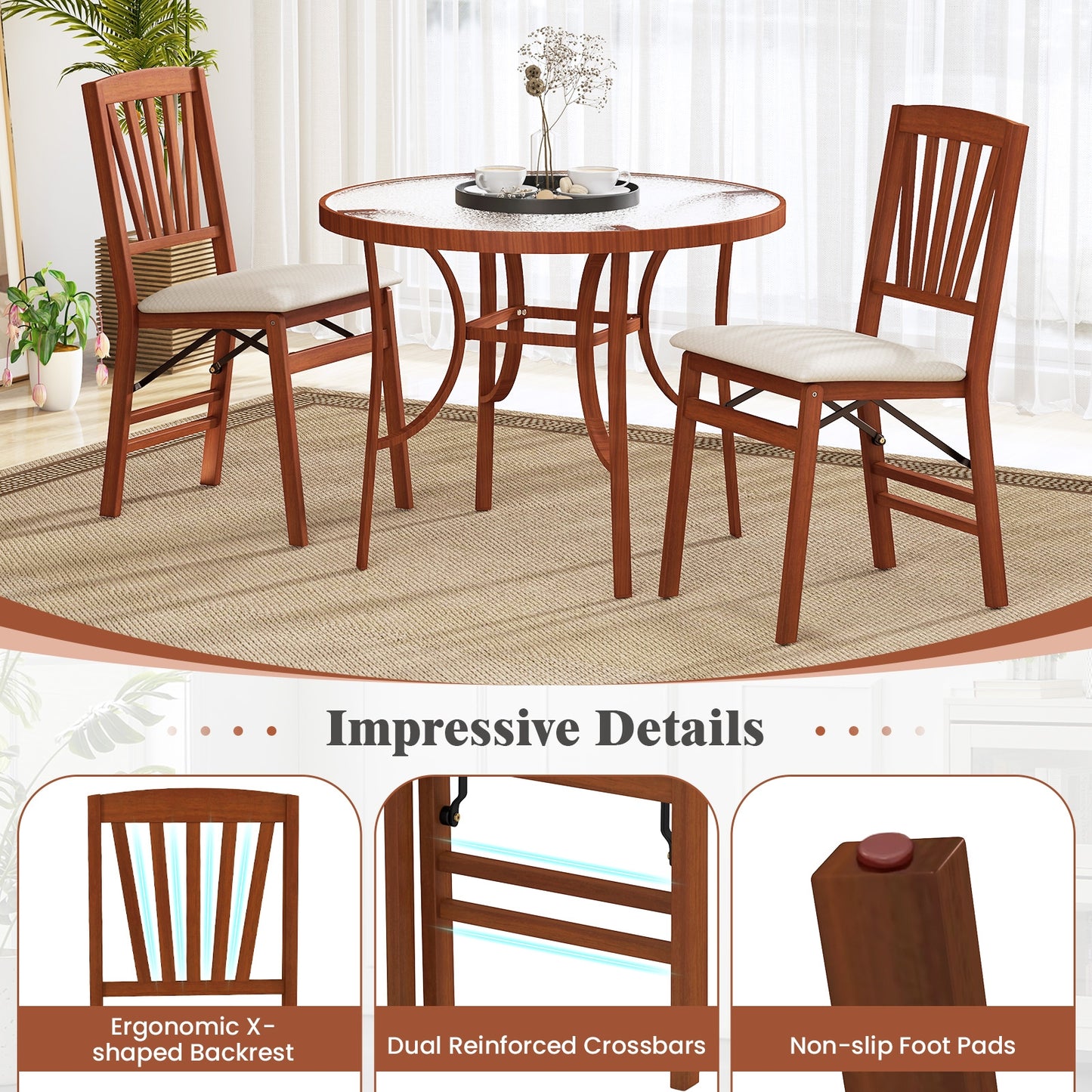 Folding Wooden Dining Chairs with Slatted Backrest and Padded Seat Set of 2