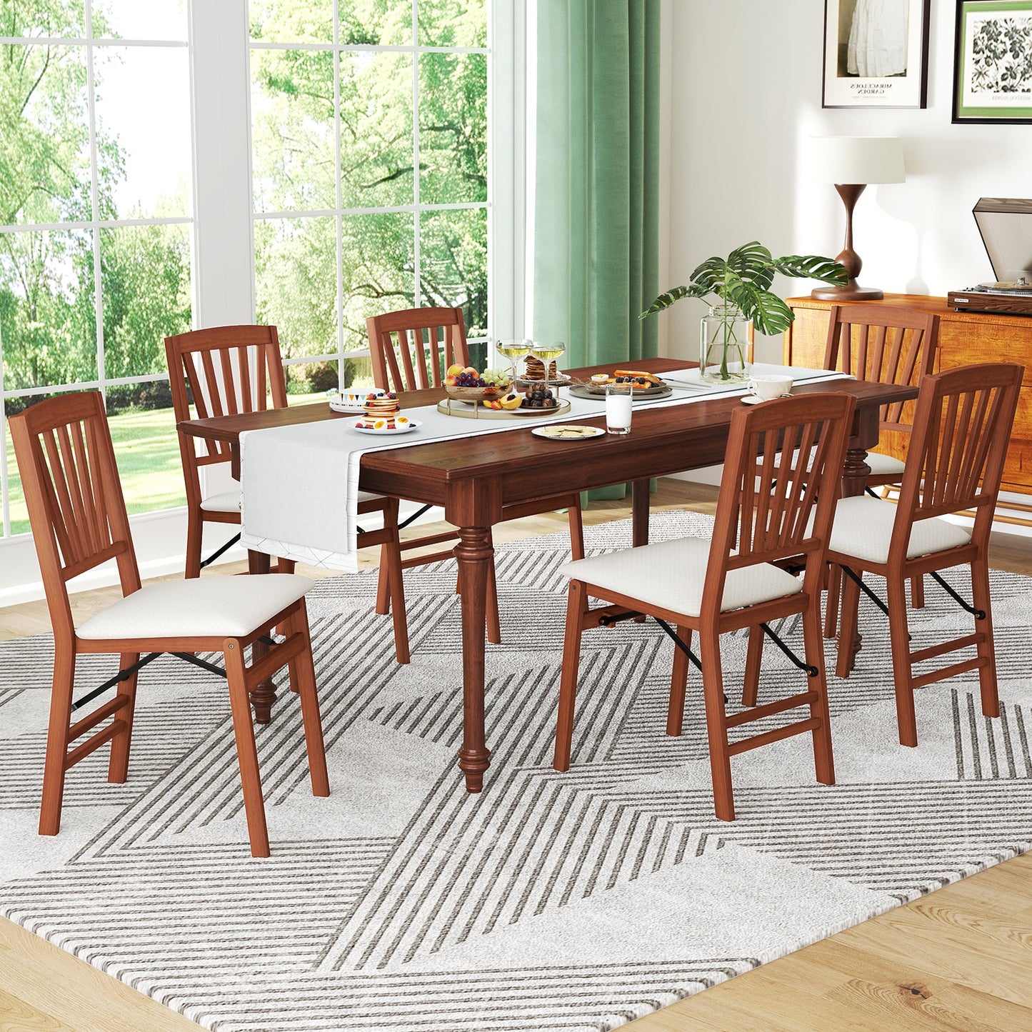Folding Wooden Dining Chairs with Slatted Backrest and Padded Seat Set of 2