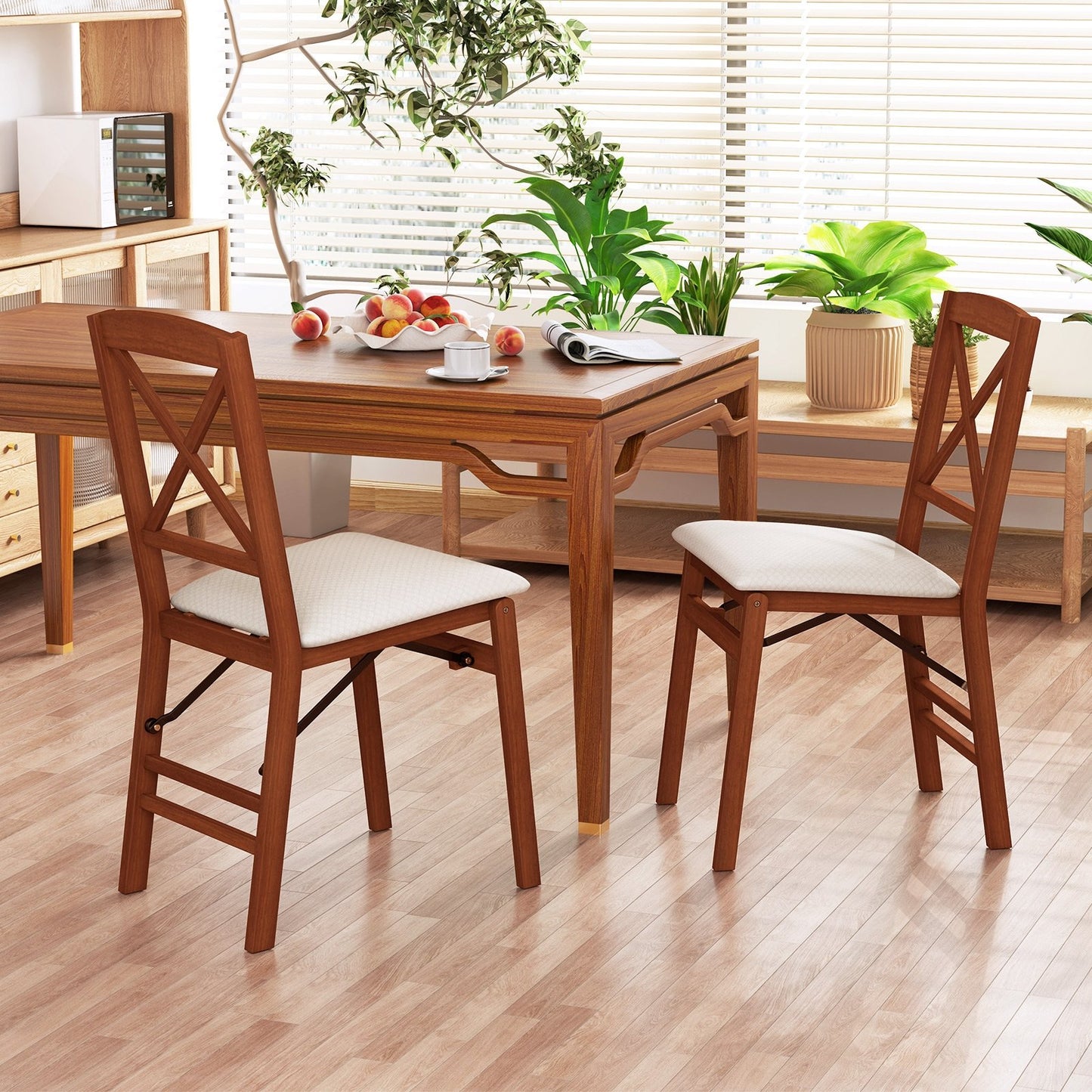 Folding Wooden Dining Chairs with X Backrest and Padded Seat Set of 2