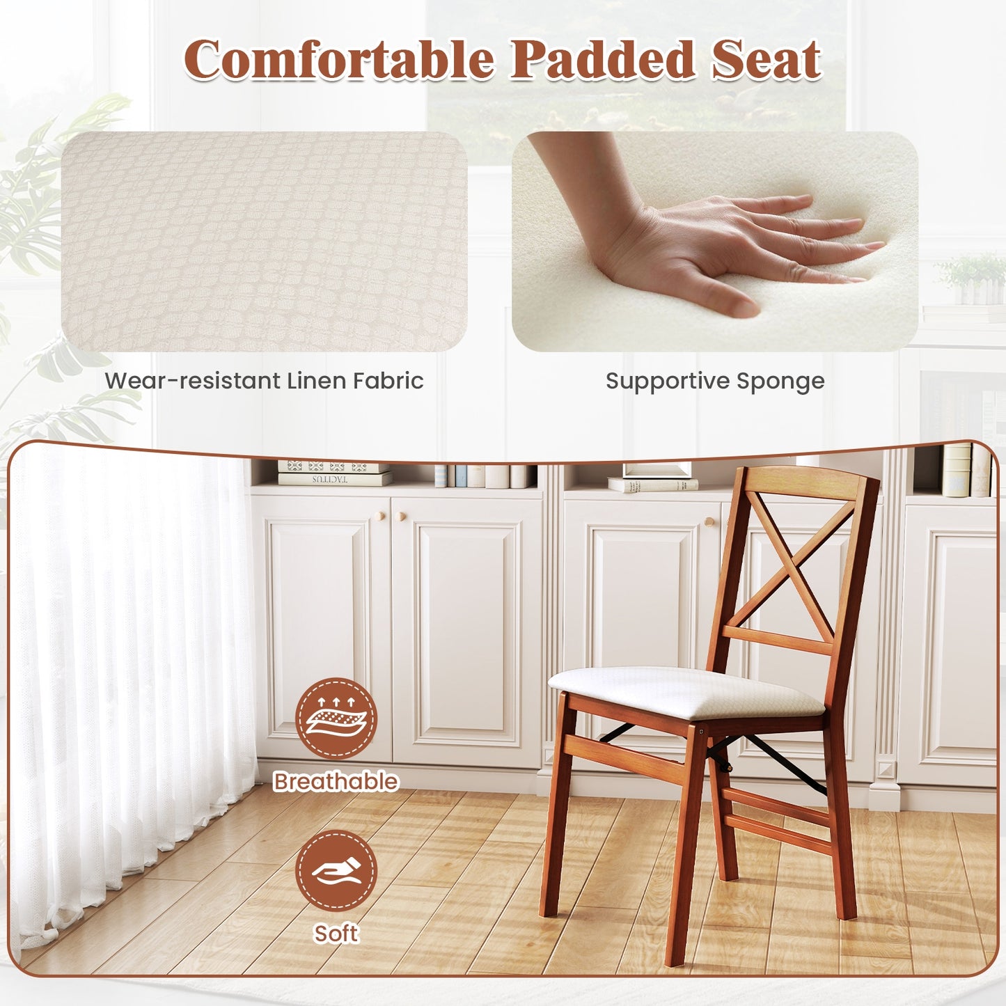 Folding Wooden Dining Chairs with X Backrest and Padded Seat Set of 2